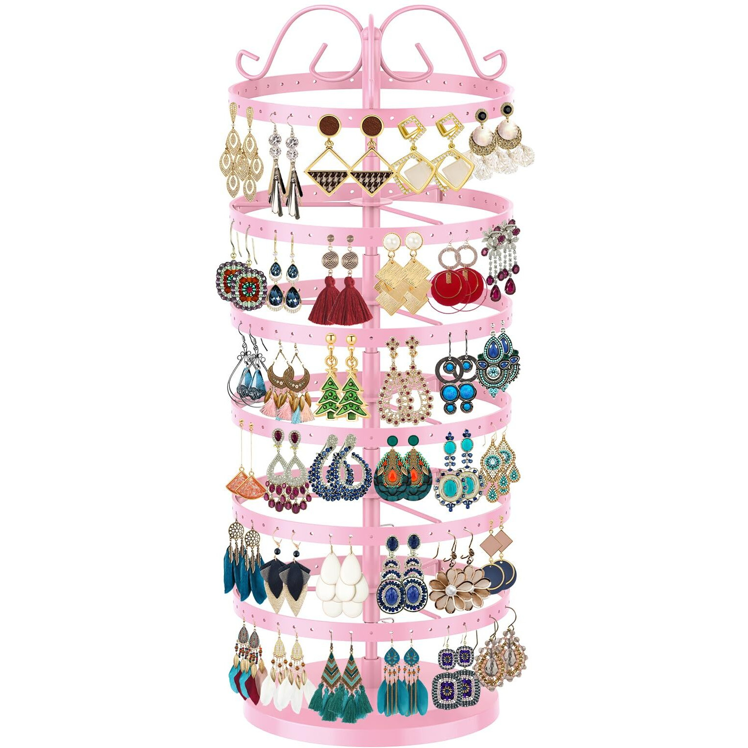 Modowey 6 Tier Rotating Earring Holder Organizer, Adjustable Metal Earring Display Stand Rack, 264 Holes Earring Tree Organizer For Women Girl (Pink)