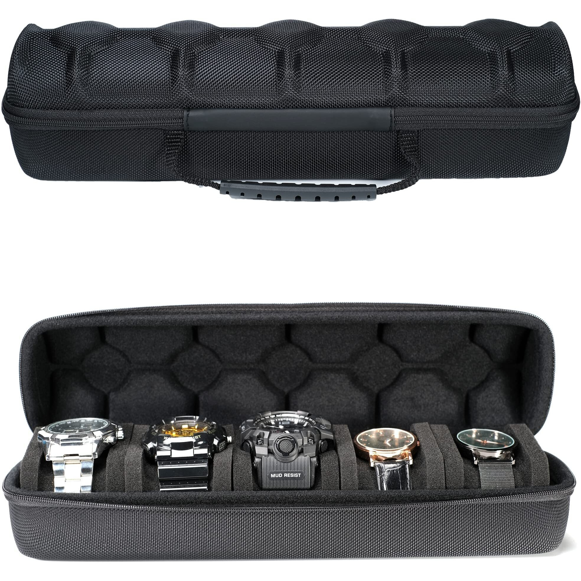 Aukura Hard Watch Travel Case, 5 Slot Watch Roll Case Storage And Organizer For Men And Women, With Anti-Move Watch Pillow