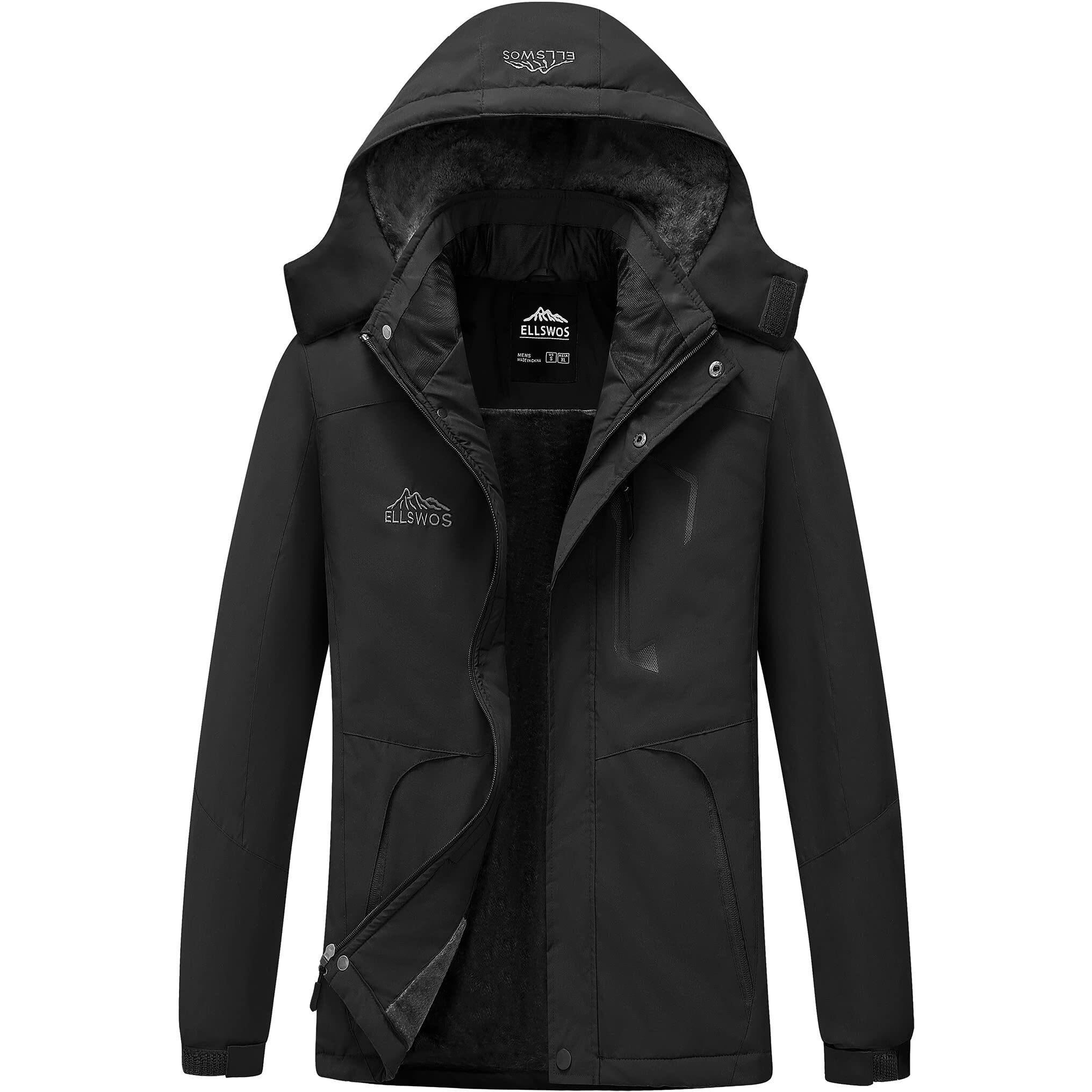 Ellswos Men's Waterproof Ski Jacket Winter Snow Coat Warm Hooded Raincoat Windproof Windbreakers, Black, Medium