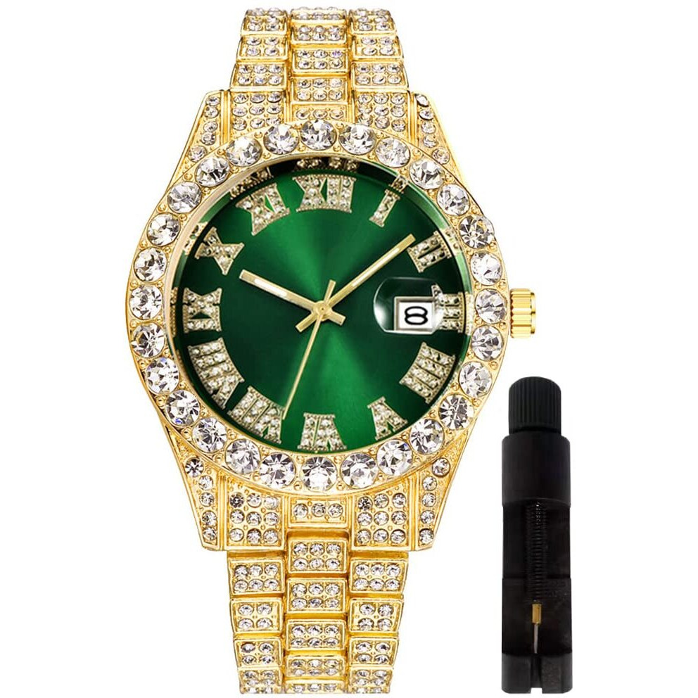 Hip Hop Watches For Men Iced-Out Bling Diamond Luxury Quartz Watches With Date (Xl Face-Gold Green)