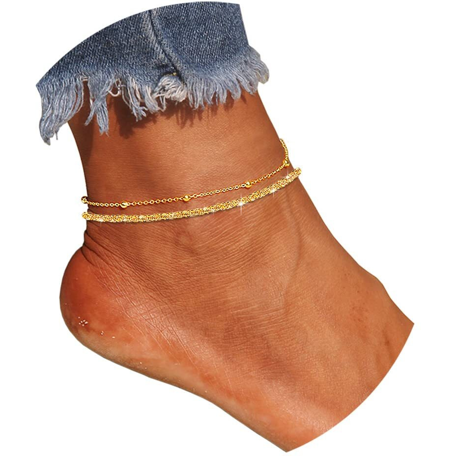 Jyueda Sparkling Gold Anklets For Women,Layered Beaded Chain 18K Gold Plated Anklet Bracelets For Women Teen Girls