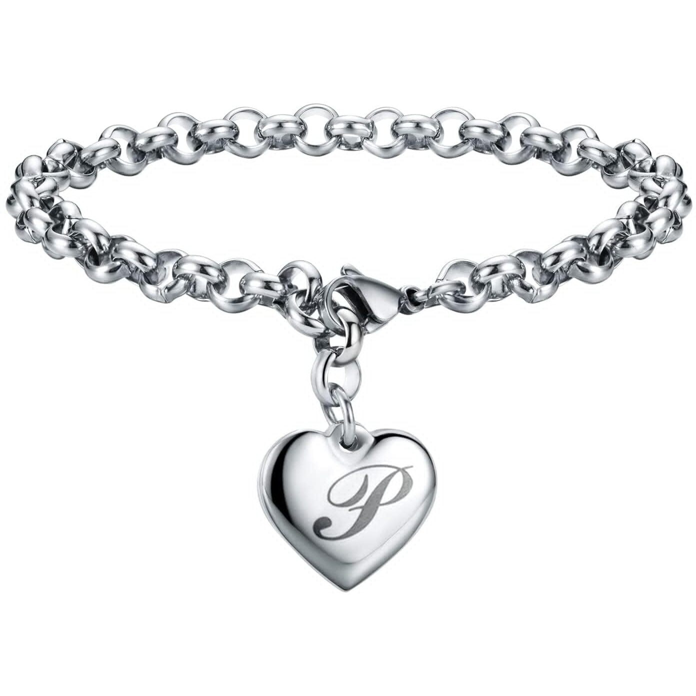 Sannyra Charm P Bracelet Gifts | Heart Initial Charms Bracelets For Women Trendy | 26 Letters Stainless Steel Bracelet Gifts Ideas For Teen Girls