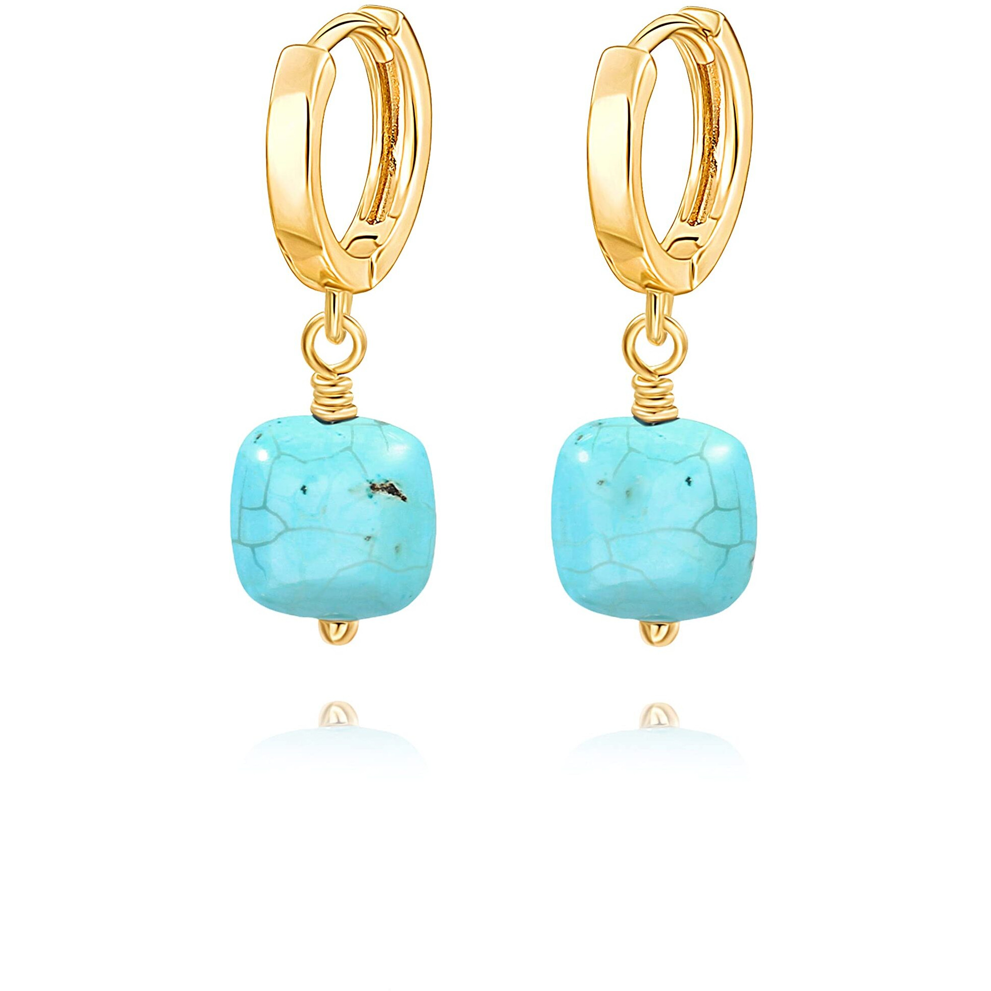 Boho Turquoise Drop Dangle Earrings, 18K Gold Huggie Hoop Earrings With Charms, Trendy Turquoise Jewelry For Women