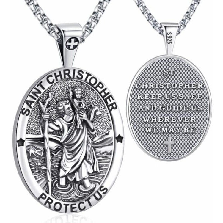 St Christopher Necklace 925 Sterling Silver St Christopher Medal For Men Saint Christopher Necklace For Women Oval St. Christopher Pendant Male St Christopher Medal Metal 24 Inch Chain Female Womens Saint Christopher Medallion