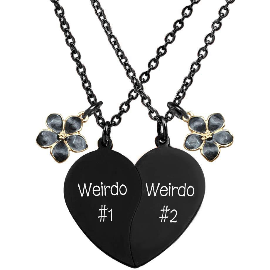 Mjartoria Best Friend Necklaces Bff Necklace For 2 Friendship Valentines Day Gift Split Heart Necklace Weirdo 1 Weirdo 2 Best Friends Forever Pendant Set (Black-Flower)