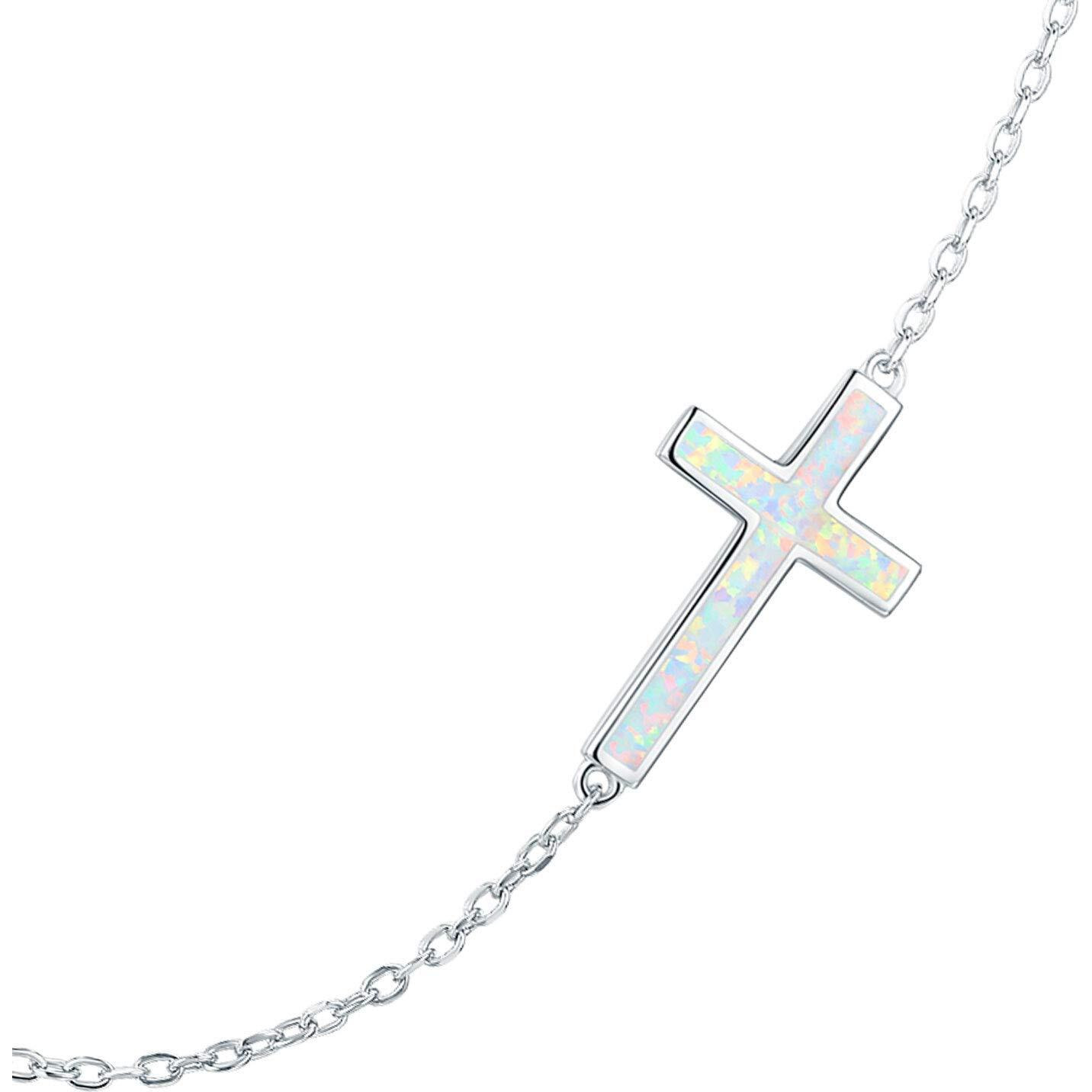 Praymos 925 Sterling Silver Sideways Cross Necklace For Women Synthetic Opal Necklace And Gift Box Mother 's Day Birthday Gifts For Her(A)