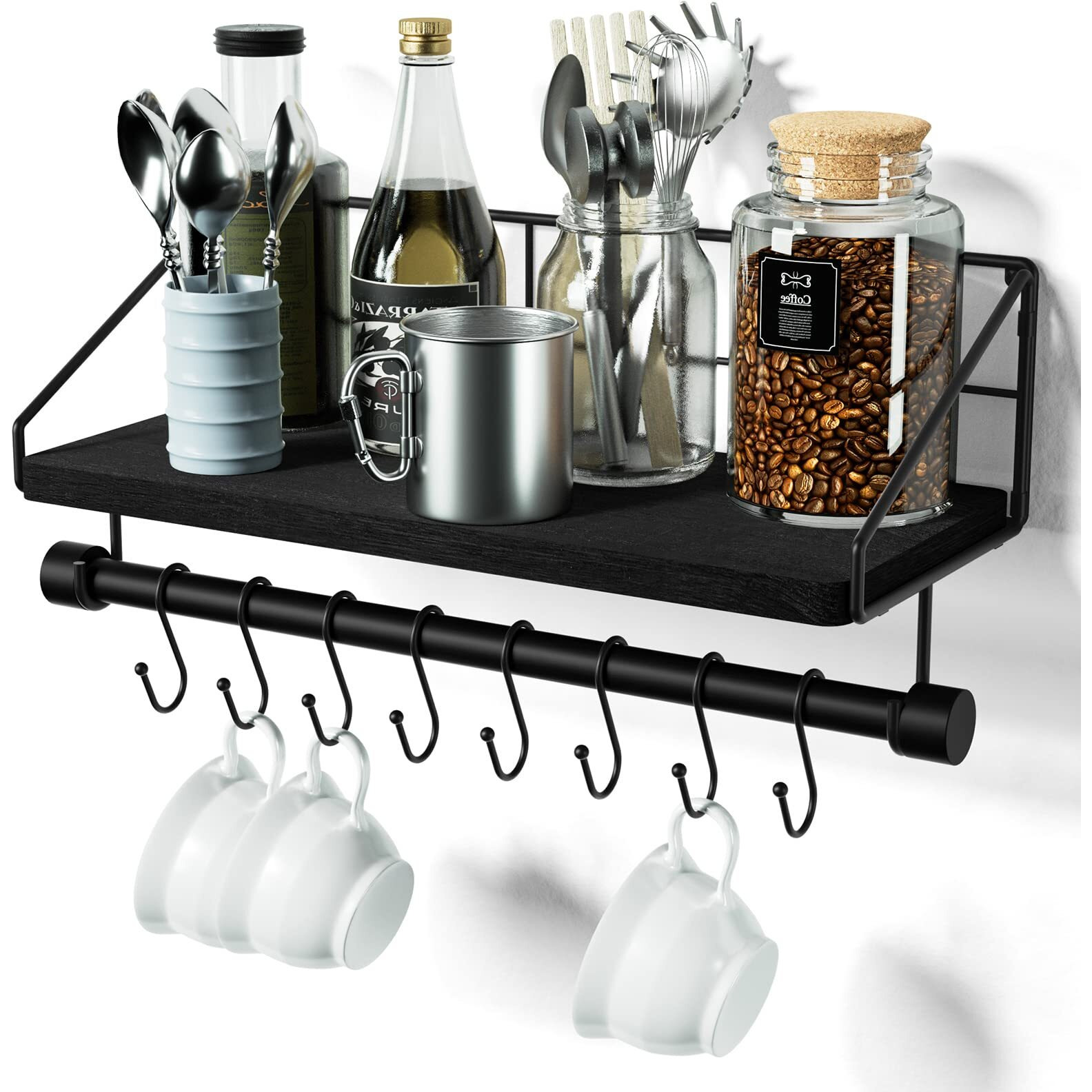 Alsonerbay Floating Shelves Wall Shelves For Bedroom, Bathroom Shelves Wall Mounted With Towel Bar, Kitchen Rustic Wood Shelf With Hooks For Hanging Cooking Utensils Or Mugs
