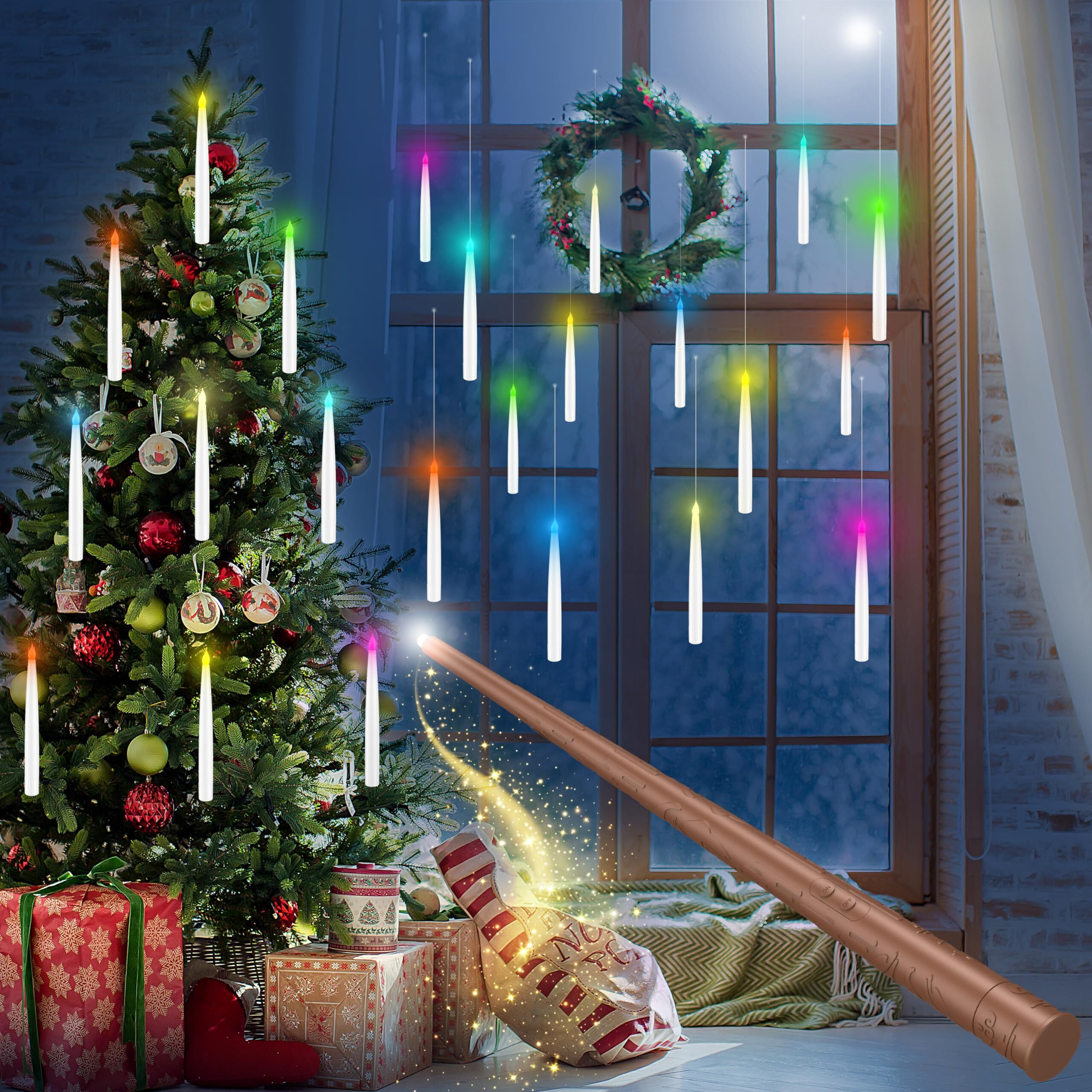 Color Changing Floating Candles With Magic Wand Remote, Christmas Decorations Magical Hanging Candles, 12Pcs Flameless Taper Candle With Multi-Color Battery Operated Window Candles For Christmas Decor