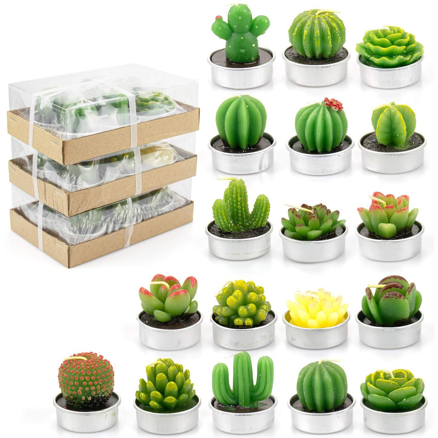 Lawei 18 Pack Cactus Tealight Candles - Handmade Delicate Succulent Mini Plants Candles - Perfect For Home Decor Candles Festival Wedding Props And House-Warming Party