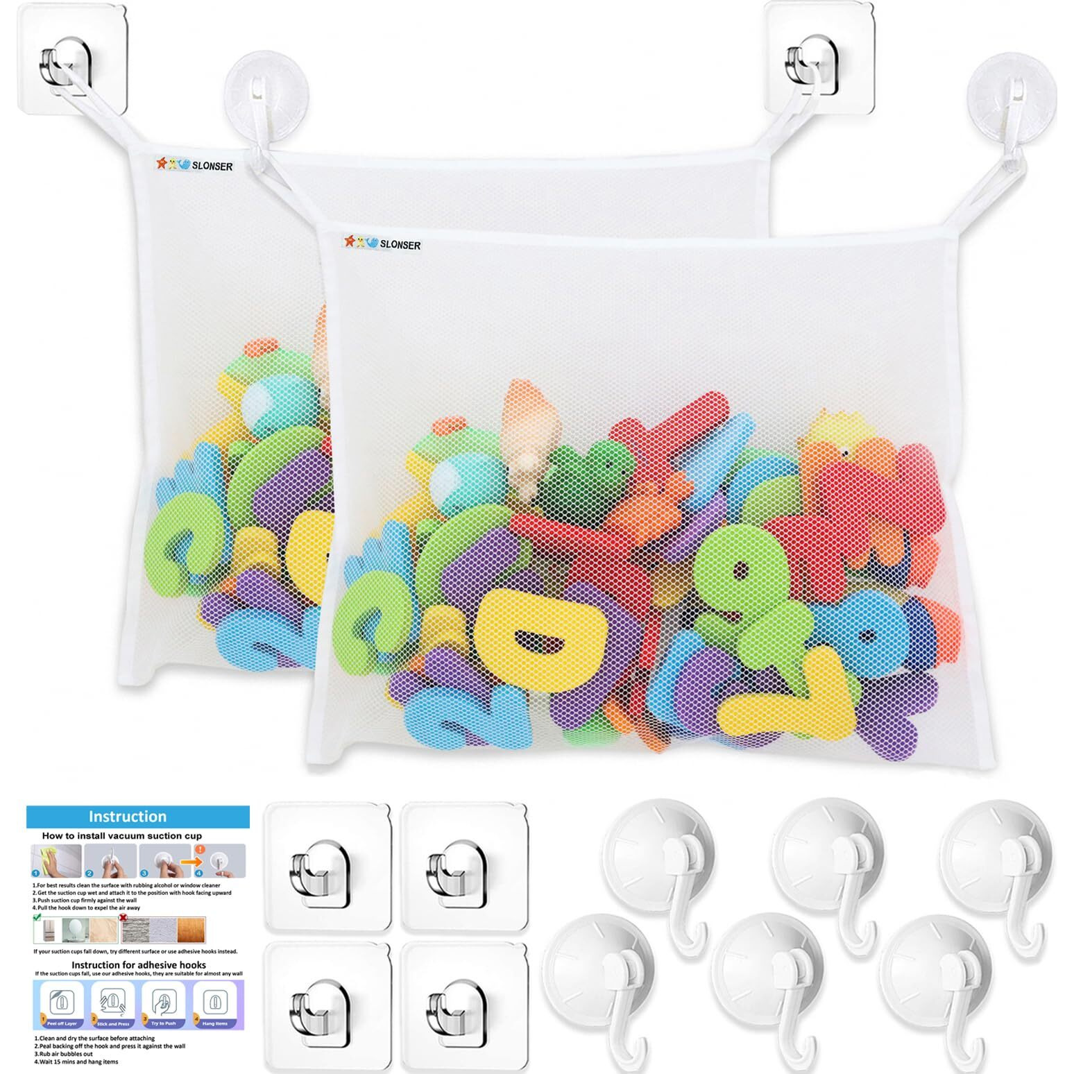 2 X Bath Toy Net - Kids Bath Tub Toy Holder Basket, Mesh Bag For Bath Toys, Baby Bathtub Toy Storage Organizer, Large Bathroom Bucket - Toddler Shower Caddy Hanging Bin With 6 Suction Cups & 4 Hooks