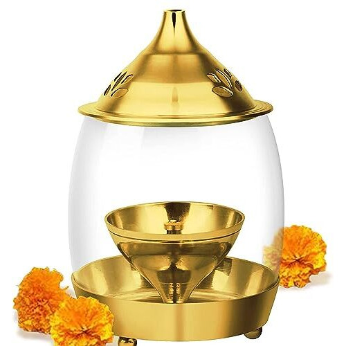 Casa Illuminate Decorative Brass Diya For Puja With Glass Cover - Home Decoration Oil Pooja Akhand Diyas , Big Size Room Lamp , 6 Inches Mandir Jyoti Wick Holder Stand , Gold Lid Lamps Decorations