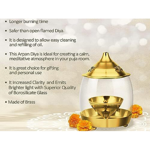 Casa Illuminate Decorative Brass Diya For Puja With Glass Cover - Home Decoration Oil Pooja Akhand Diyas , Big Size Room Lamp , 6 Inches Mandir Jyoti Wick Holder Stand , Gold Lid Lamps Decorations