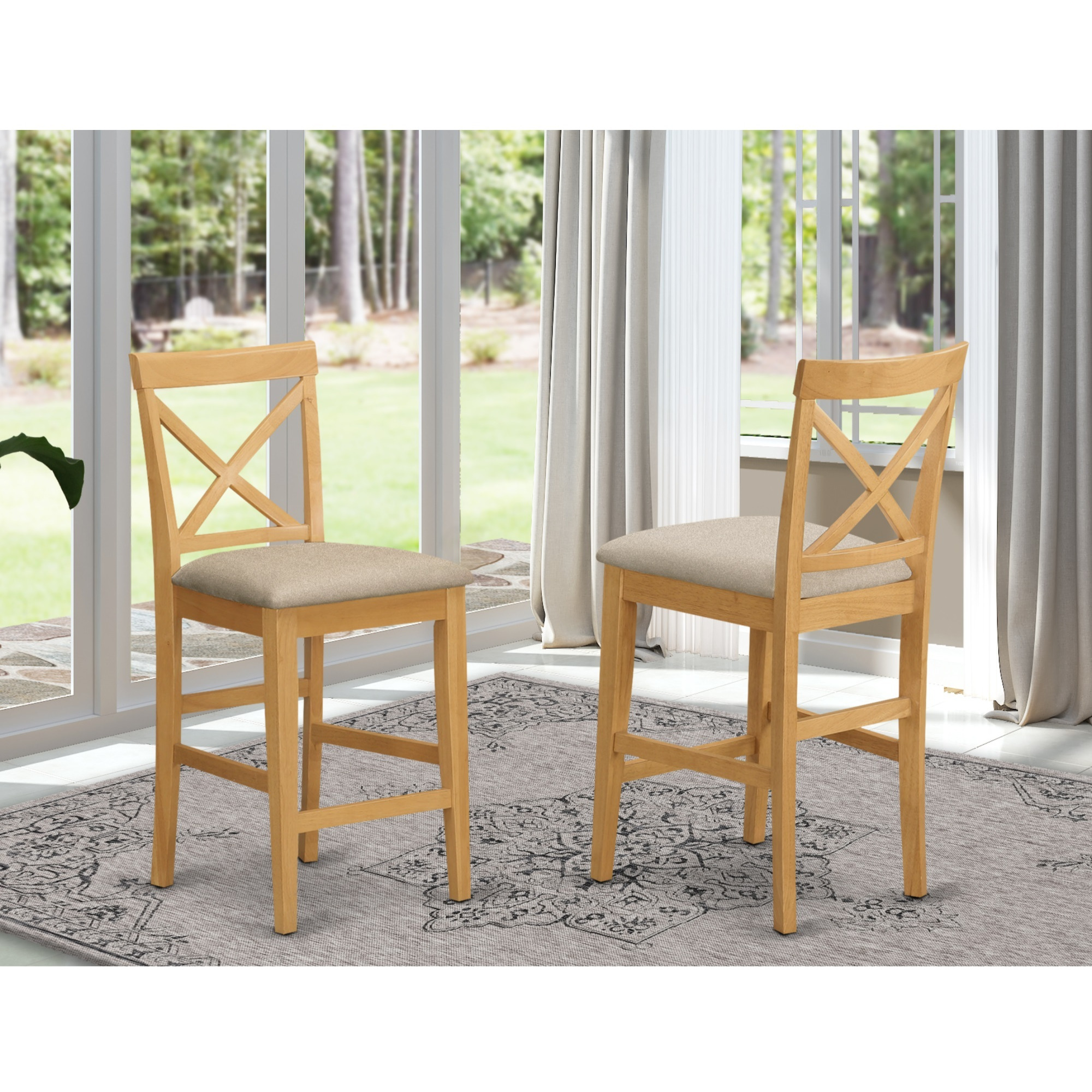 X-Back  Stool  With  Upholstered  Seat  In  Oak  Finish,  Set  Of  2