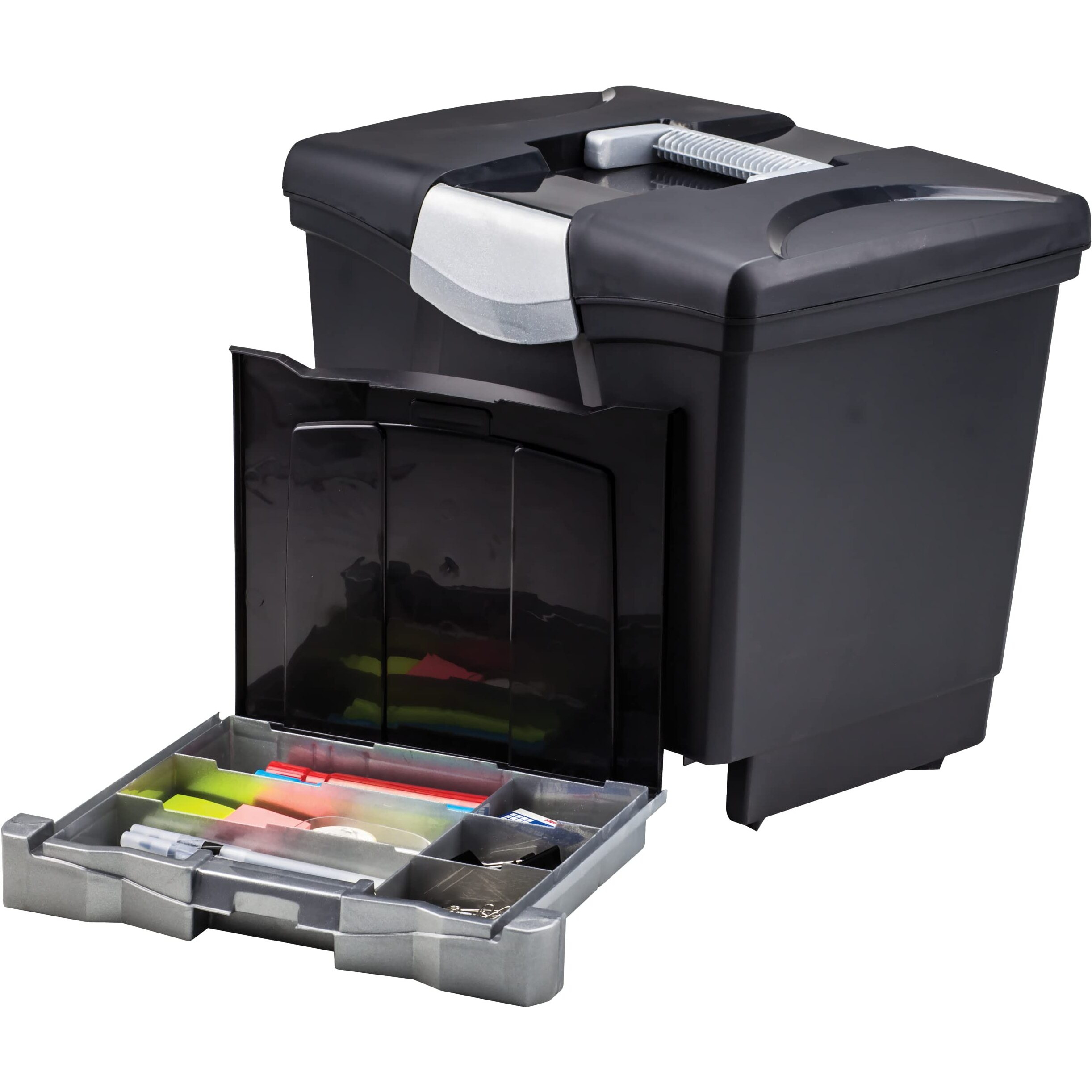 Storex Portable File Box With Drawer - External Dimensions 11.5"" Width X 14.3"" Depth X 13"" Height - Latch Lock Closure - Plastic - Black - For Document, Pen/Pencil, File, Letter - Recycled - 1 / Cart