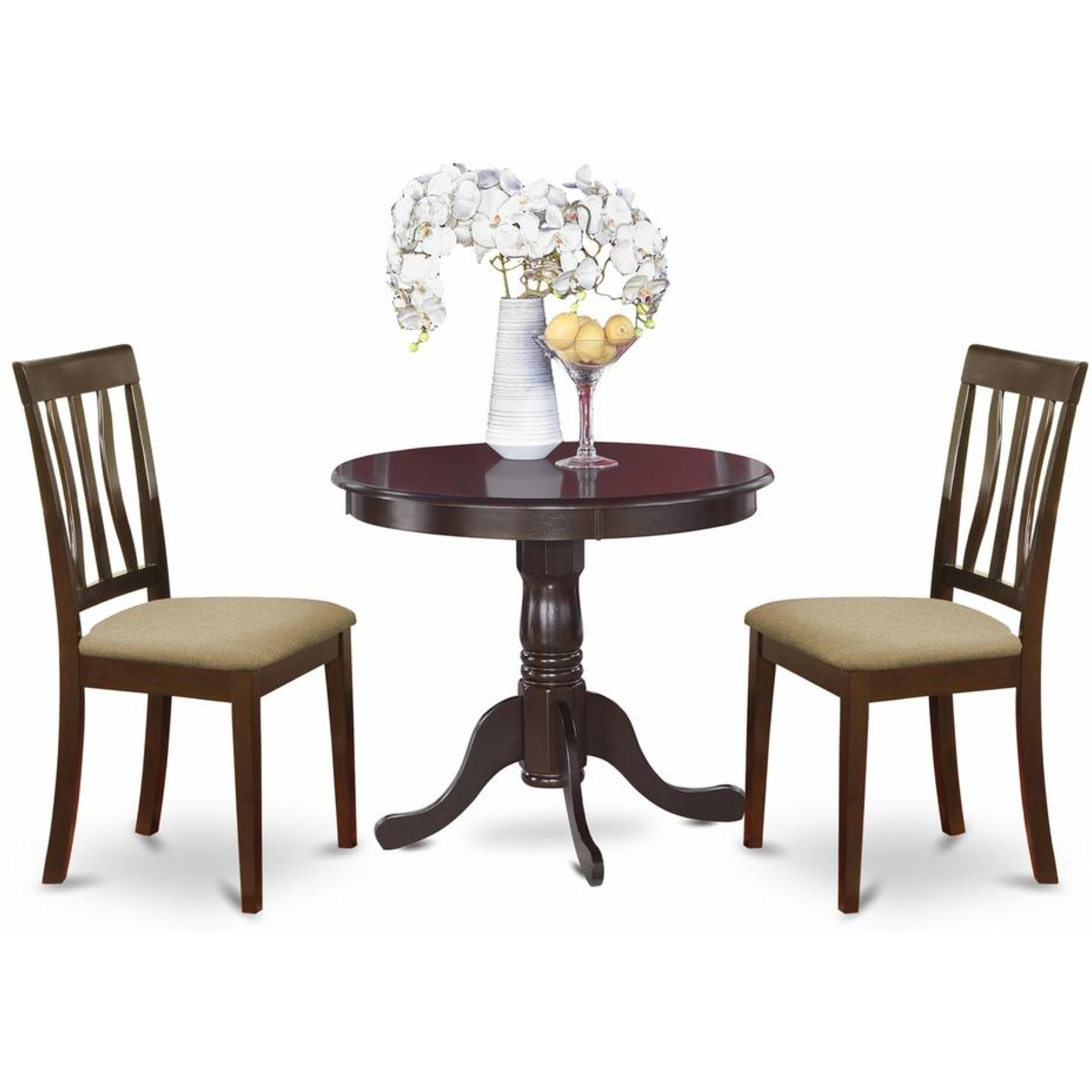 East West Furniture Anti3-Cap-C Antique 3 Piece Room Set Contains A Round Kitchen Table With Pedestal And 2 Linen Fabric Upholstered Dining Chairs, 36X36 Inch