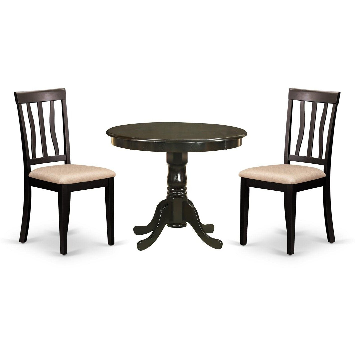 East West Furniture Anti3-Cap-C Antique 3 Piece Room Set Contains A Round Kitchen Table With Pedestal And 2 Linen Fabric Upholstered Dining Chairs, 36X36 Inch