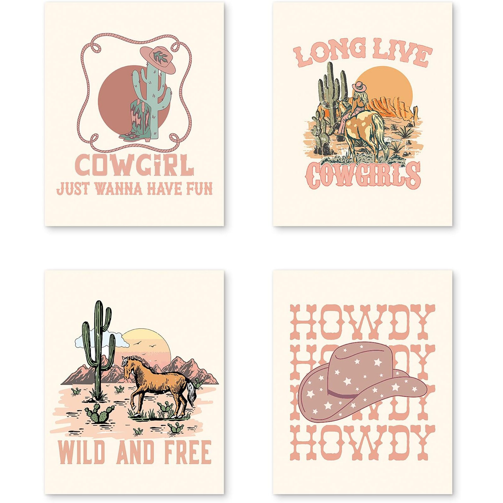 Puhei Retro Western Howdy Cowgirl Wall Art Prints Set Of 4,Western Nursery Decor Girl, Western Room Decor For Teen Girls, Cowgirl Nursery Decor (Unframed), Western Boho Bedroom Decor, 8 X 10 In