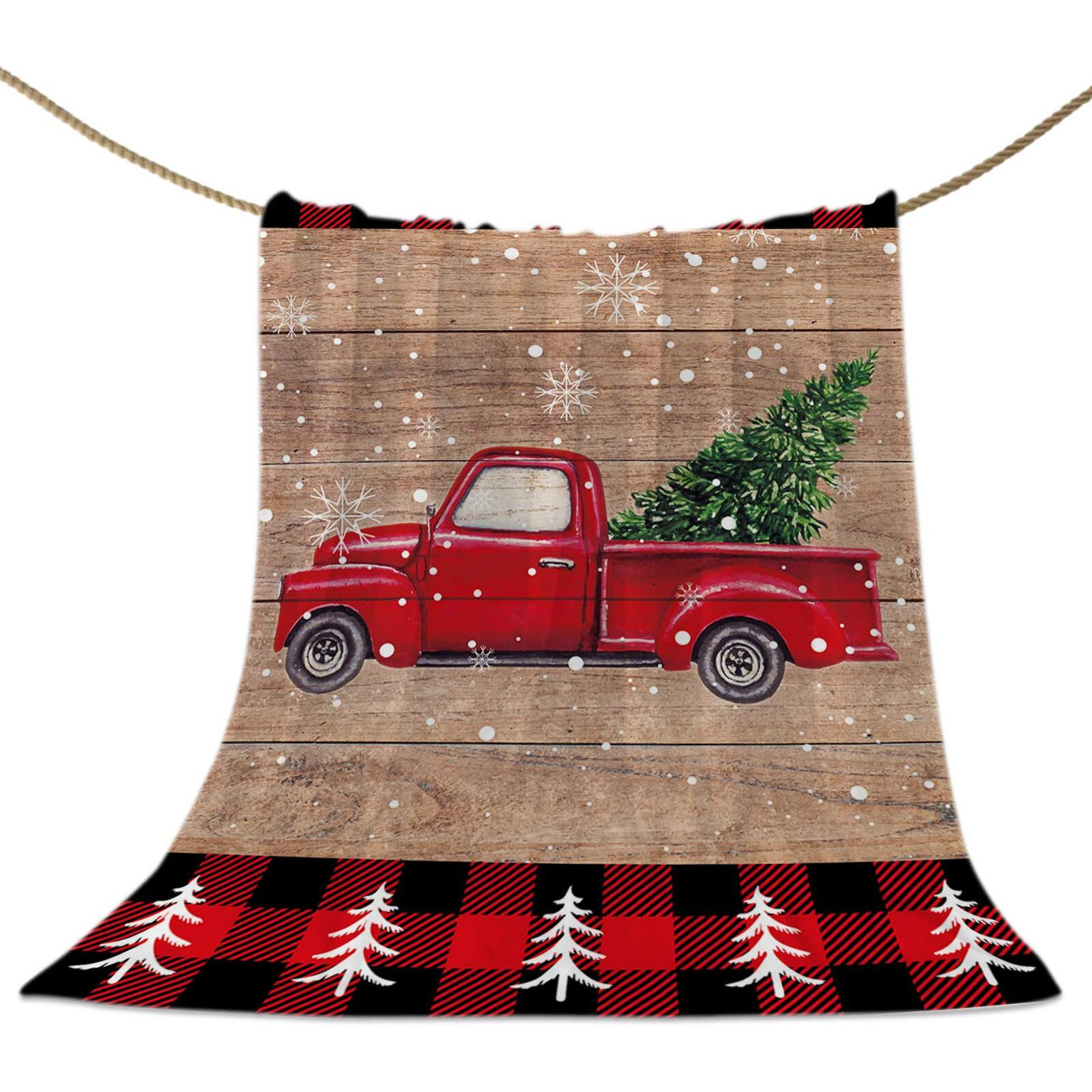 Red Truck Blanket Christmas Tree Flannel Blankets Snowflake Wood Grain Throw Blankets Soft Lightweight Bed Blanket Cozy Microfiber Blanket For Sofa Couch Home Christmas Decor 40X50Inch
