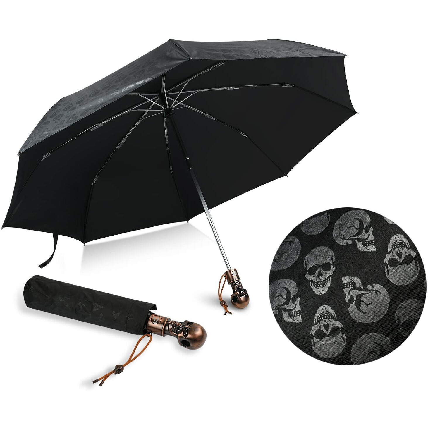 Ds. Distinctive Style Uv Umbrella Skull Parasol Folding Umbrella Automatic Open And Close Sun Umbrella For Walking With Black Anti-Uv Rubber Layer