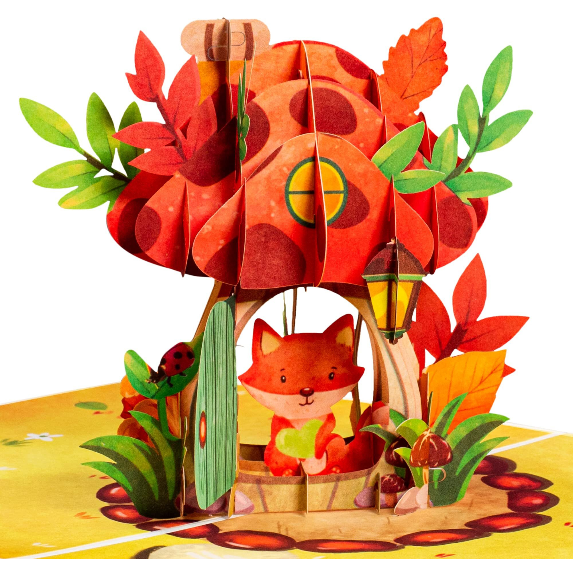 Paper Love Frndly Fox In Mushroom 3D Pop Up Card, For Autumn Or Fall, Birthday, All Occasion Or Just Because, Handcrafted 100% Recycled And Eco-Friendly, 8"" X 6"" Cover - With Removable Note Tag