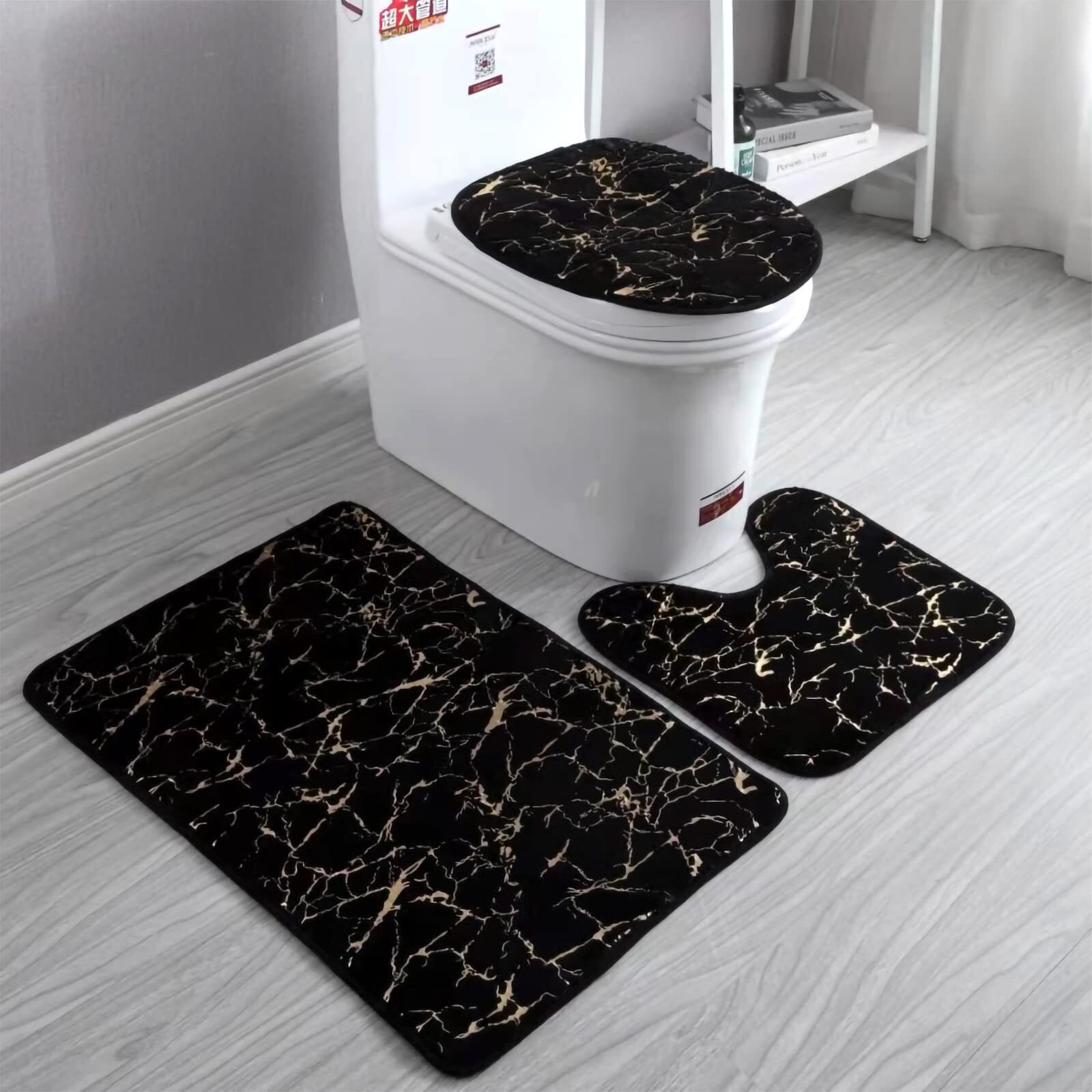 Marble Bathroom Rugs And Mats Set 3 Piece Nonslip Black Gold Bathroom Mats Soft Washable Bath Mats For Bathroom Floor Mats Carpet Water Absorbent Shower Rug With U-Shaped Contour Rug Toilet Lid Cover