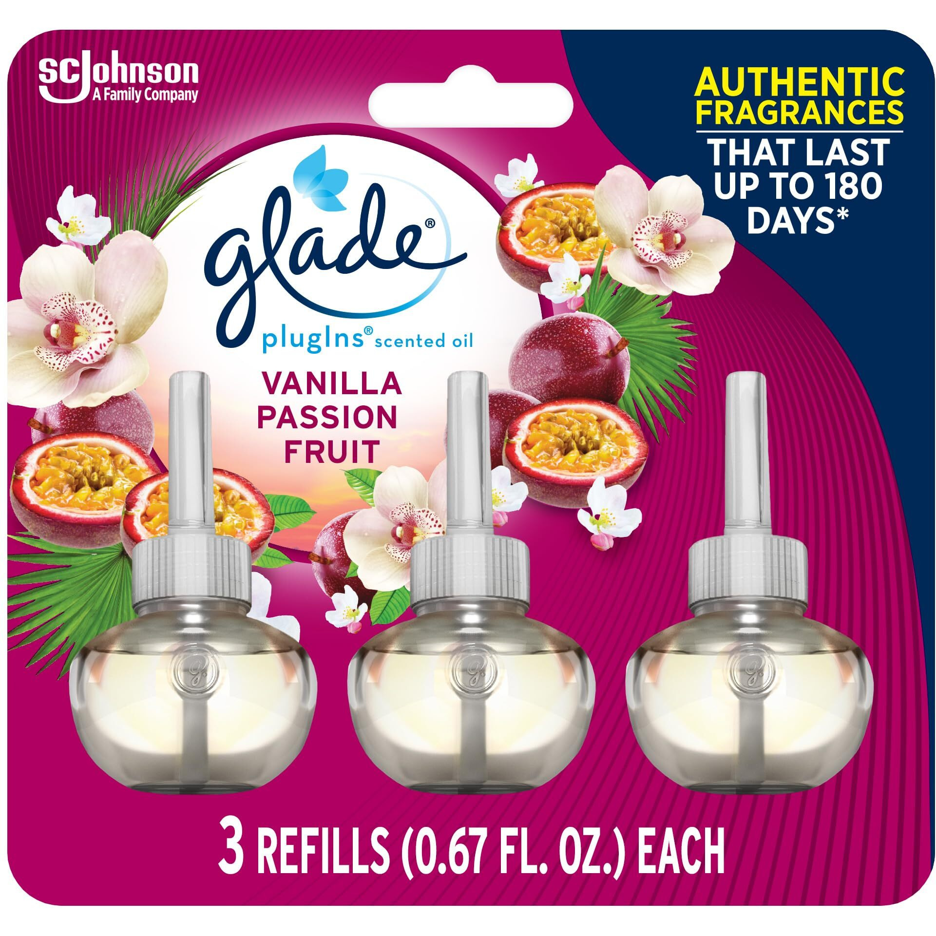Glade Plugins Refills Air Freshener, Scented And Essential Oils For Home And Bathroom, Vanilla Passion Fruit, 2.01 Fl Oz, 3 Count