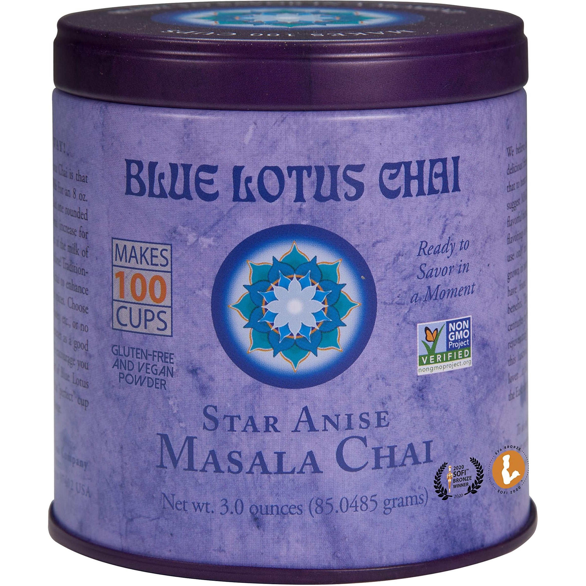 Blue Lotus Chai - Star Anise Masala Chai - Makes 100 Cups - 3 Ounce Masala Spiced Chai Powder With Organic Spices - Instant Indian Tea No Steeping - No Gluten