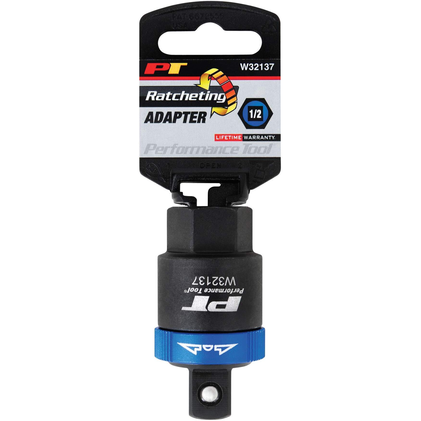 Performance Tool W32137 1/2-Inch Drive Ratcheting Breaker Bar Adapter - Converts Breaker Bar Or Sliding T-Handle Into Ratchet - Reversible Ratcheting Mechanism With Anodized Switch Collar