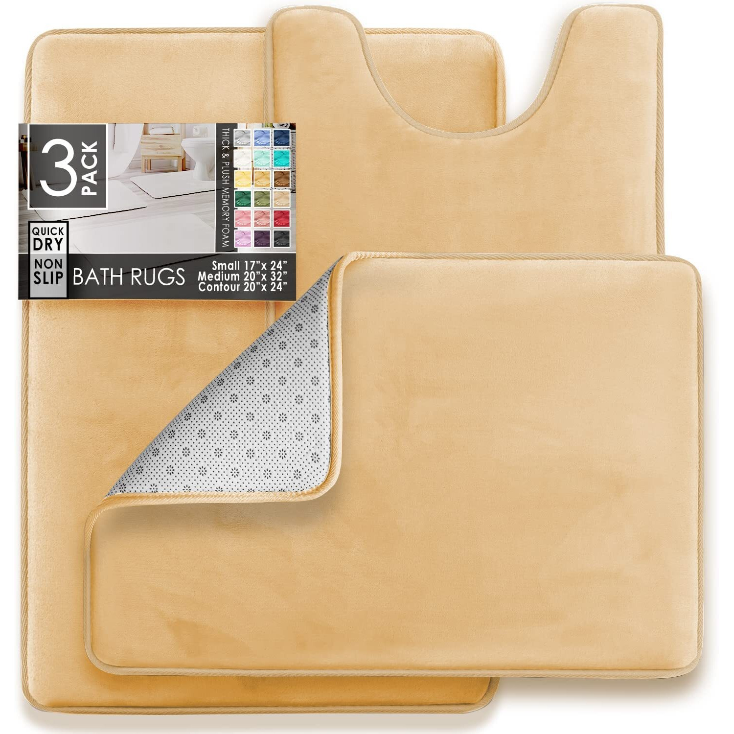 Clara Clark 3 Piece Bathroom Rugs Bath Mat Set, Velvet Memory Foam Bath Mats For Bathroom - Non-Slip, Pvc Backing Bath Rugs, Washable Bathroom Rug Mats - Dries Quickly, Soft Beige Bathroom Rug Set