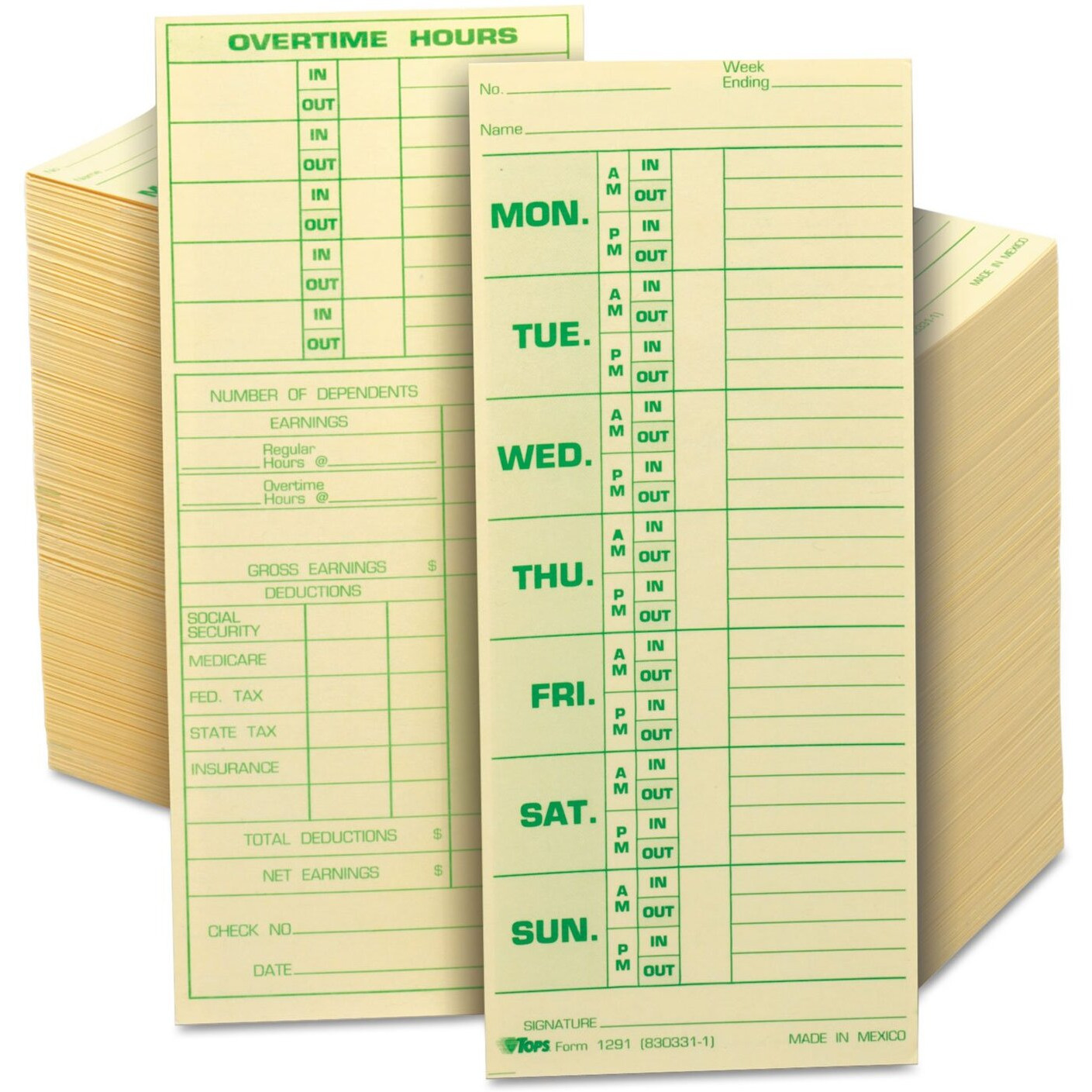 Tops 1291 Time Cards,Monday-Sunday,Overtime,500/Bx,3-1/2-Inch X8-1/2-Inch