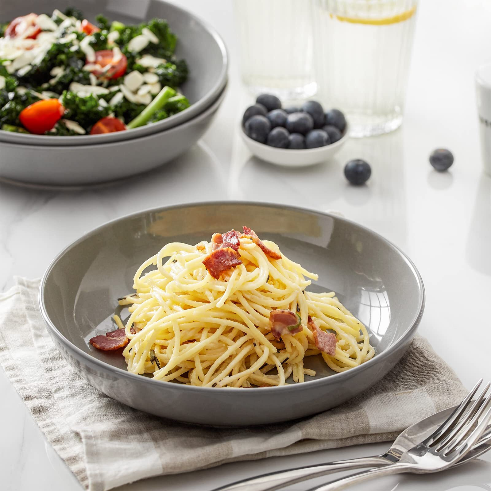 Y Yhy Pasta Bowls 32 Oz, 8.5"" Salad Bowls Set Of 4, Large Pasta Serving Bowl Set, Ceramic, Shallow Dinner Bowls Entree Bowls, Microwave & Dishwasher Safe, Grey