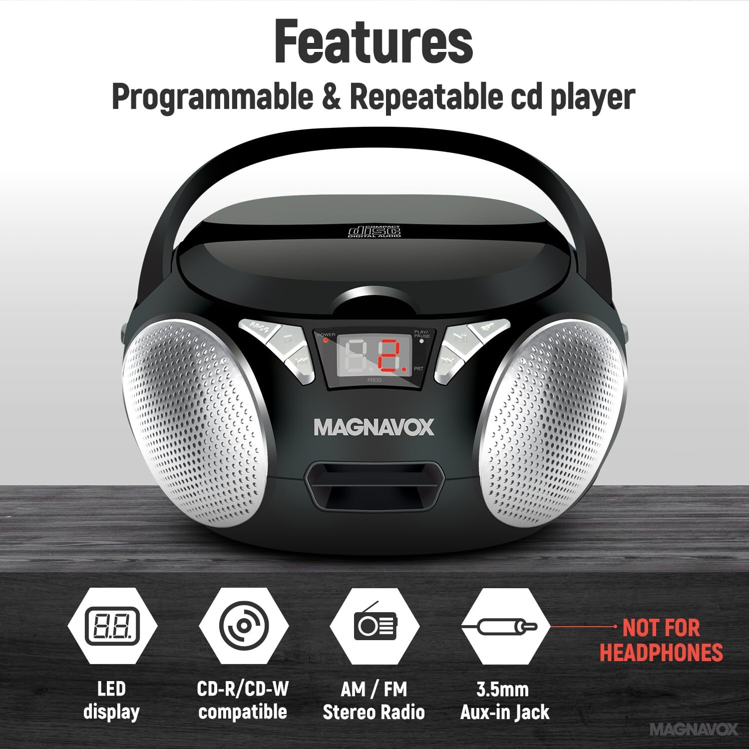 Magnavox Md6924 Portable Top Loading Cd Boombox With Am/Fm Stereo Radio In Black | Cd-R/Cd-Rw Compatible | Led Display | Aux Port Supported | Programmable Cd Player |