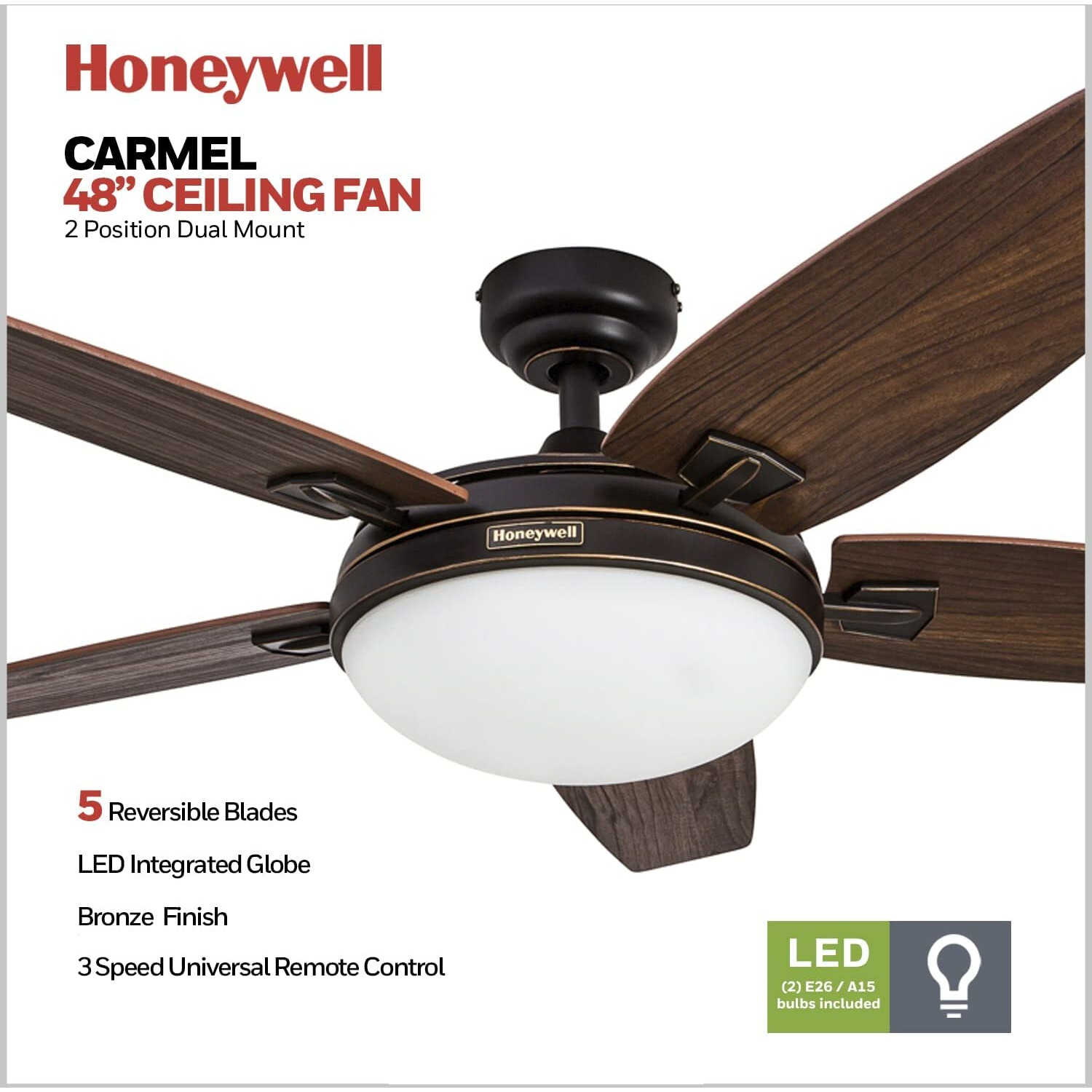 Honeywell Ceiling Fans Carmel, 48 Inch Contemporary Indoor Led Ceiling Fan With Light, Remote Control, Dual Mounting Options, Dual Finish Blades, Reversible Motor - 50197-01 (Bronze)