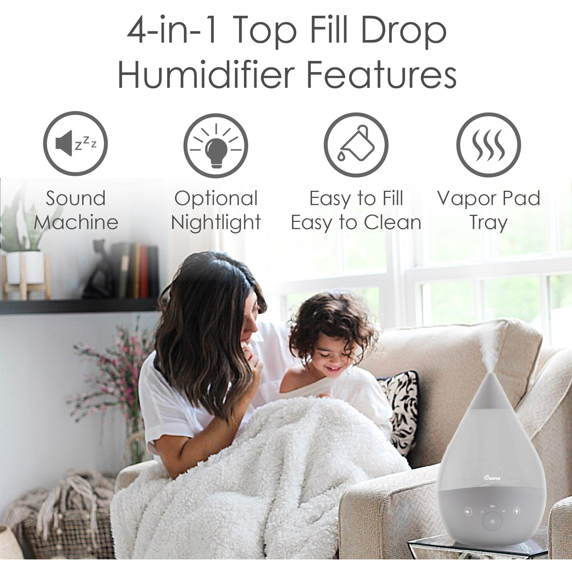 Crane Ultrasonic Humidifiers For Bedroom And Office, 1 Gallon 4-In-1 Cool Mist Air Humidifier For Large Room And Home, Humidifier Filters Optional, Grey