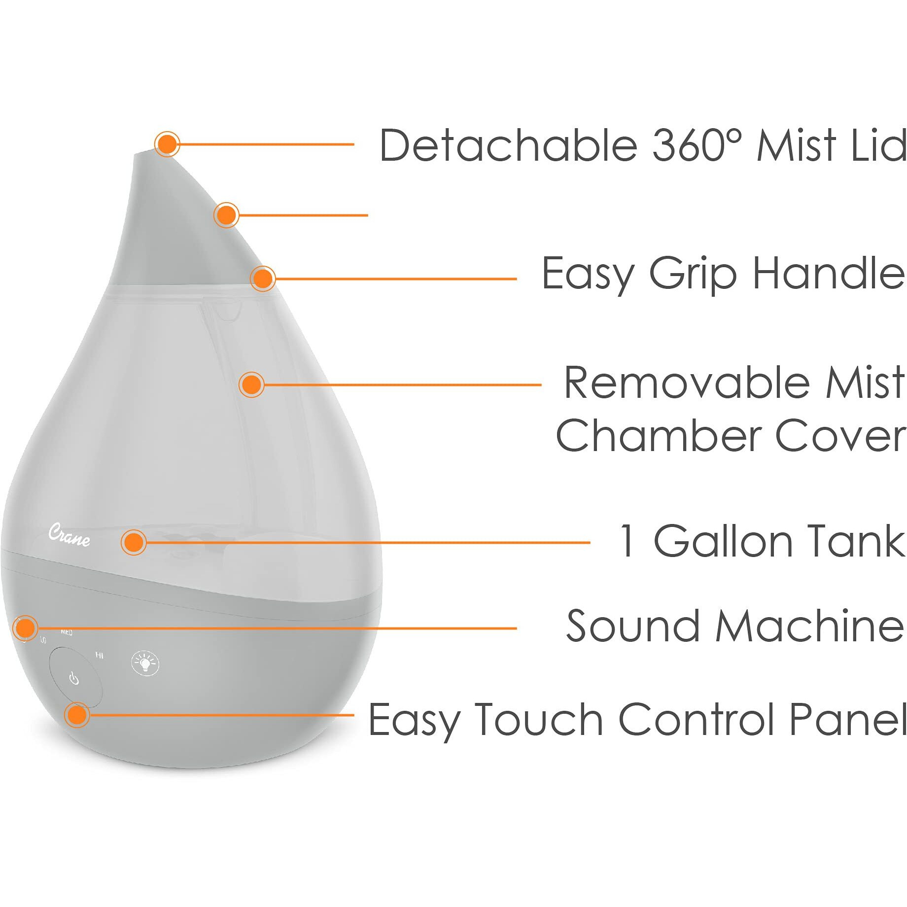 Crane Ultrasonic Humidifiers For Bedroom And Office, 1 Gallon 4-In-1 Cool Mist Air Humidifier For Large Room And Home, Humidifier Filters Optional, Grey