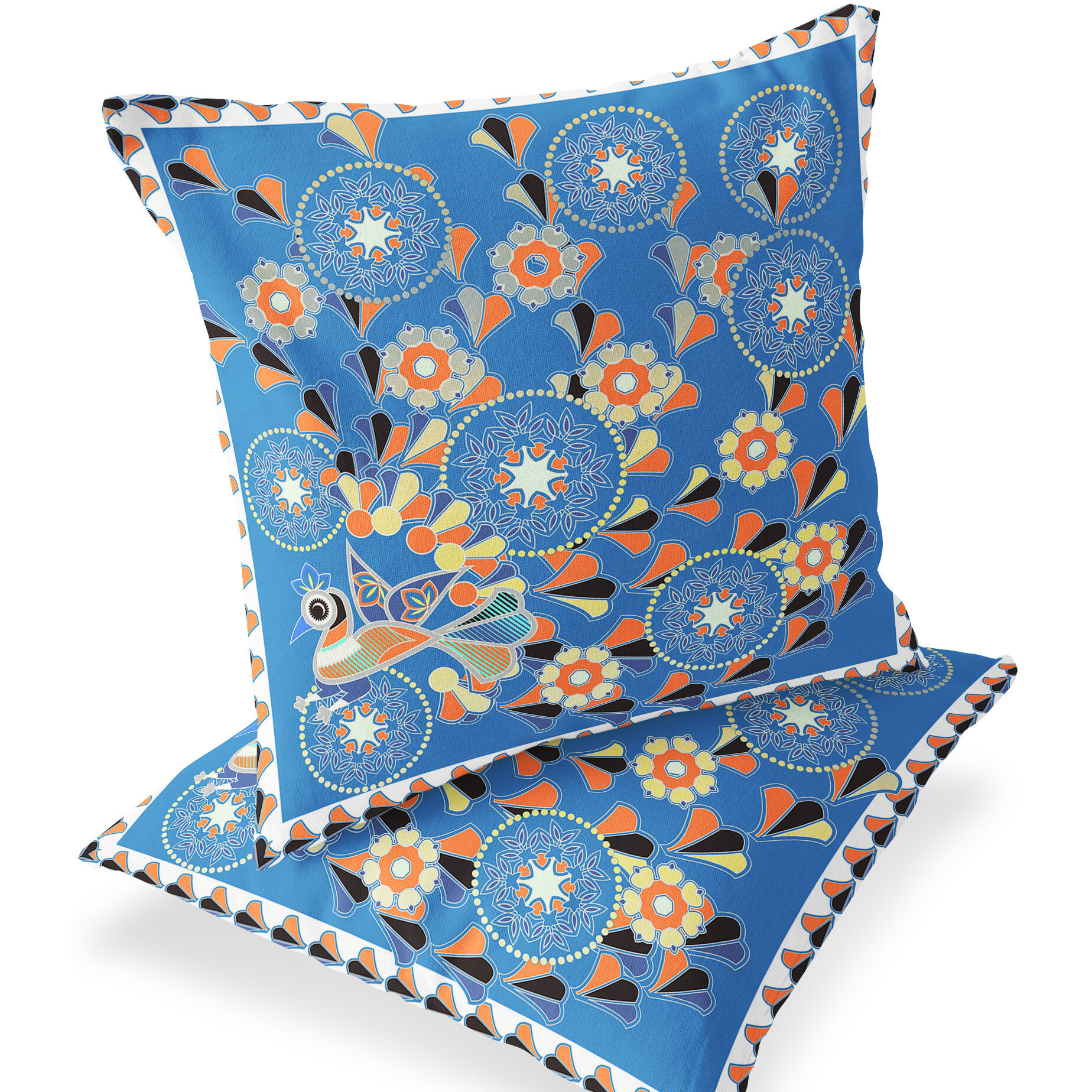 Set Of Two 16&quot&quot X 16&quot&quot Blue And Orange Peacock Blown Seam Floral Indoor Outdoor Throw Pillow