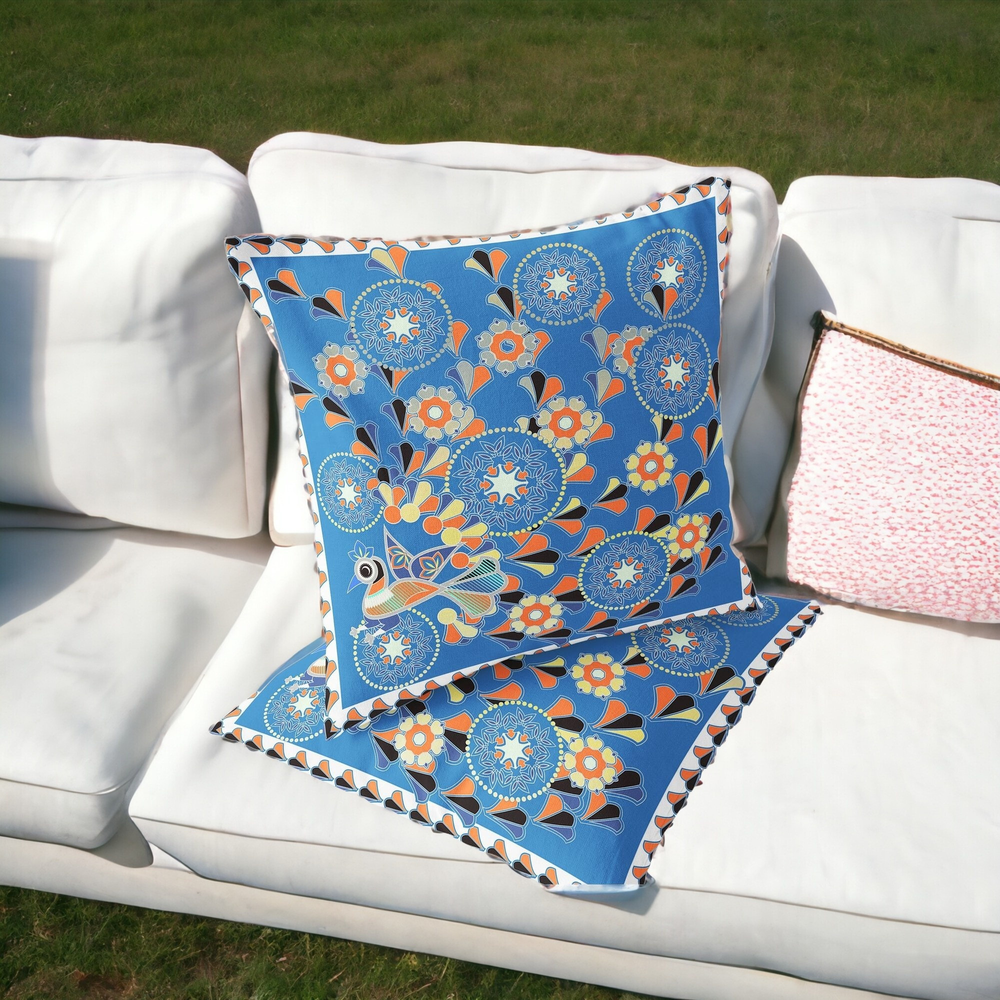Set Of Two 16&quot&quot X 16&quot&quot Blue And Orange Peacock Blown Seam Floral Indoor Outdoor Throw Pillow