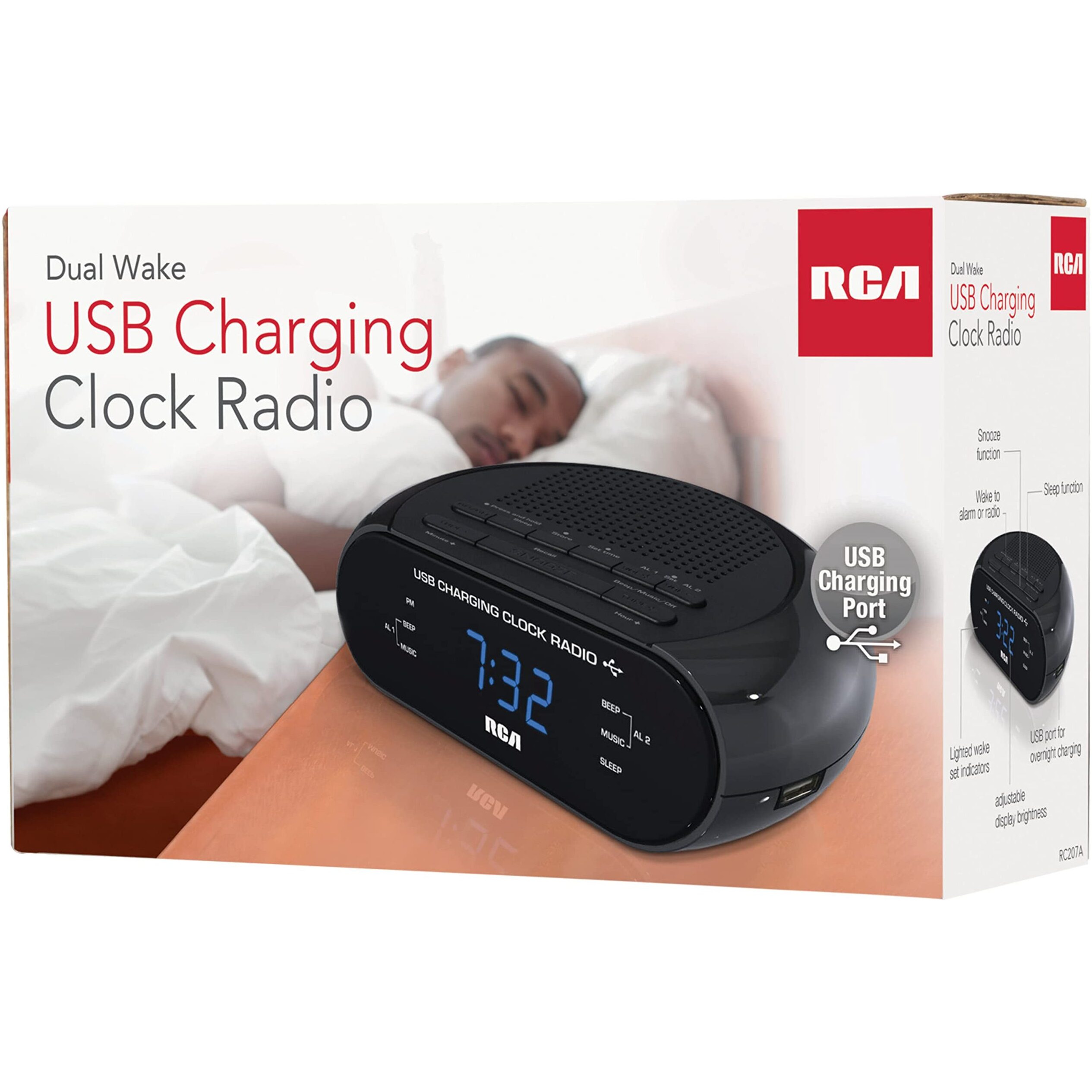 Rca Usb Charging Clock Radio, .6    Blue Led Display, Brightness Display, Fm Radio With Presets, Dual Wake, Sleep Timer, And Snooze Functions