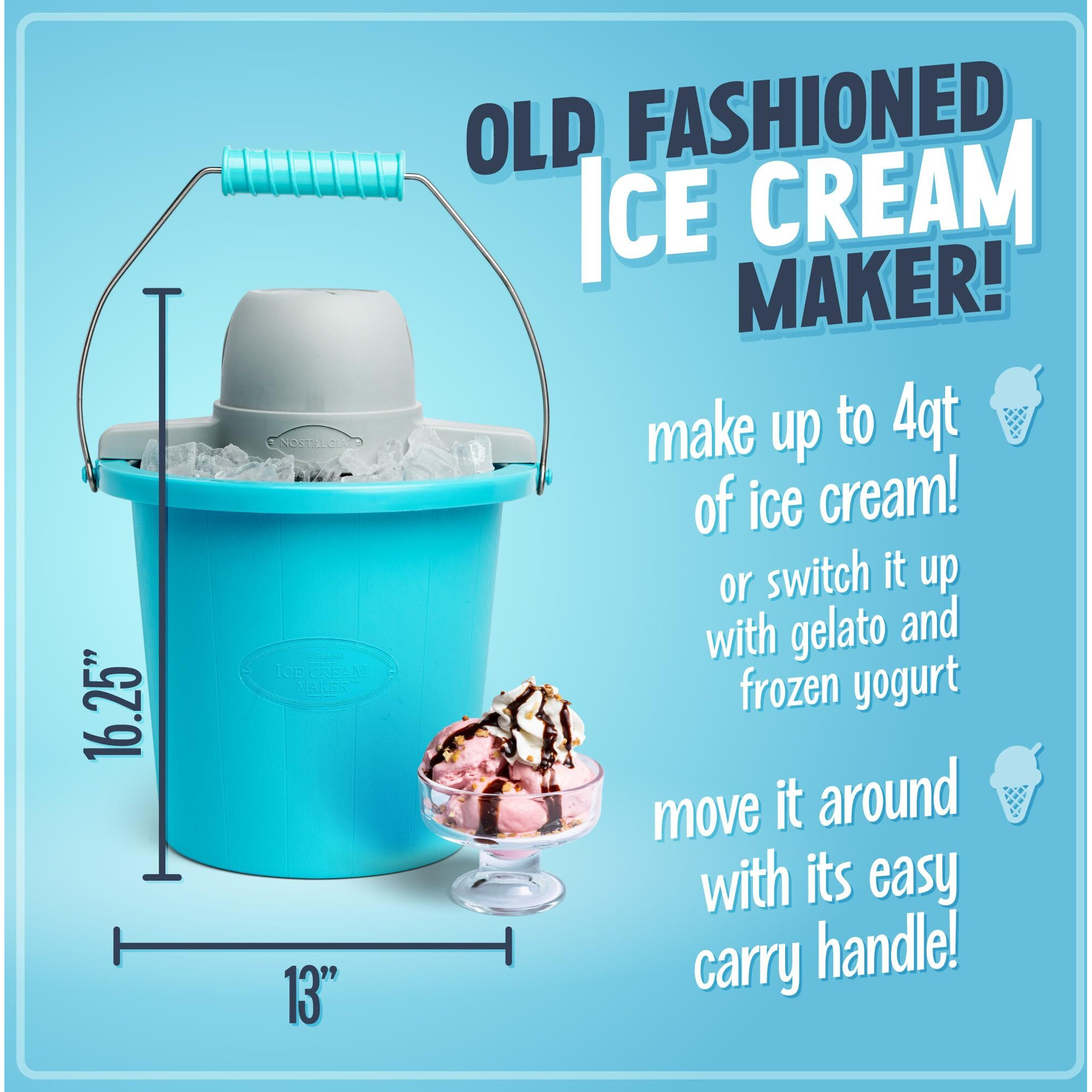 Nostalgia Electric Ice Cream Maker - Old Fashioned Soft Serve Ice Cream Machine Makes Frozen Yogurt Or Gelato In Minutes - Fun Kitchen Appliance - Aqua - 4 Quart