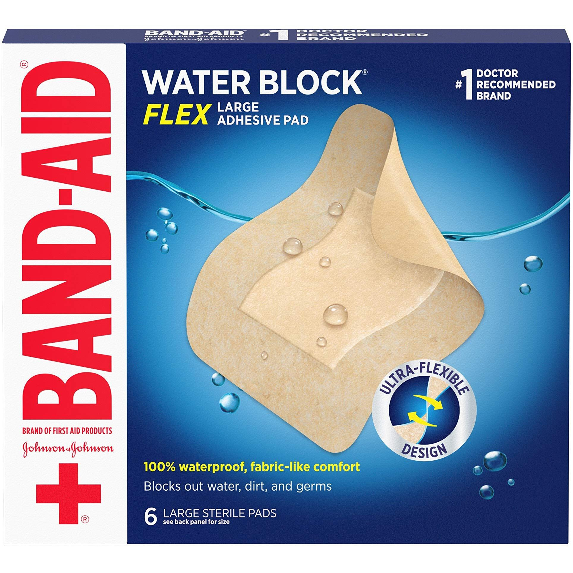Band-Aid Brand Water Block Flex Large Adhesive Pads, 100% Waterproof Bandage Pads For First-Aid Wound Care Of Minor Cuts, Scrapes & Wounds, Ultra-Flexible Design, Sterile, Large, 6 Ct