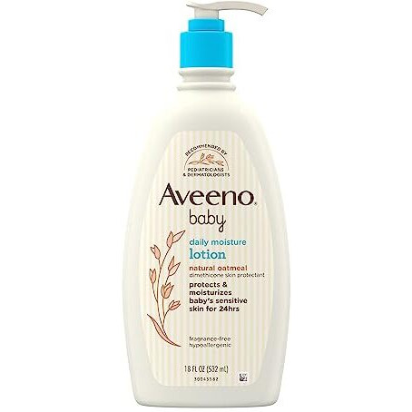 Aveeno Baby Daily Moisture Moisturizing Lotion For Delicate Skin With Natural Colloidal Oatmeal & Dimethicone, Hypoallergenic, Fragrance-, Phthalate- & Paraben-Free, 18 Fl. Oz (Package May Vary)