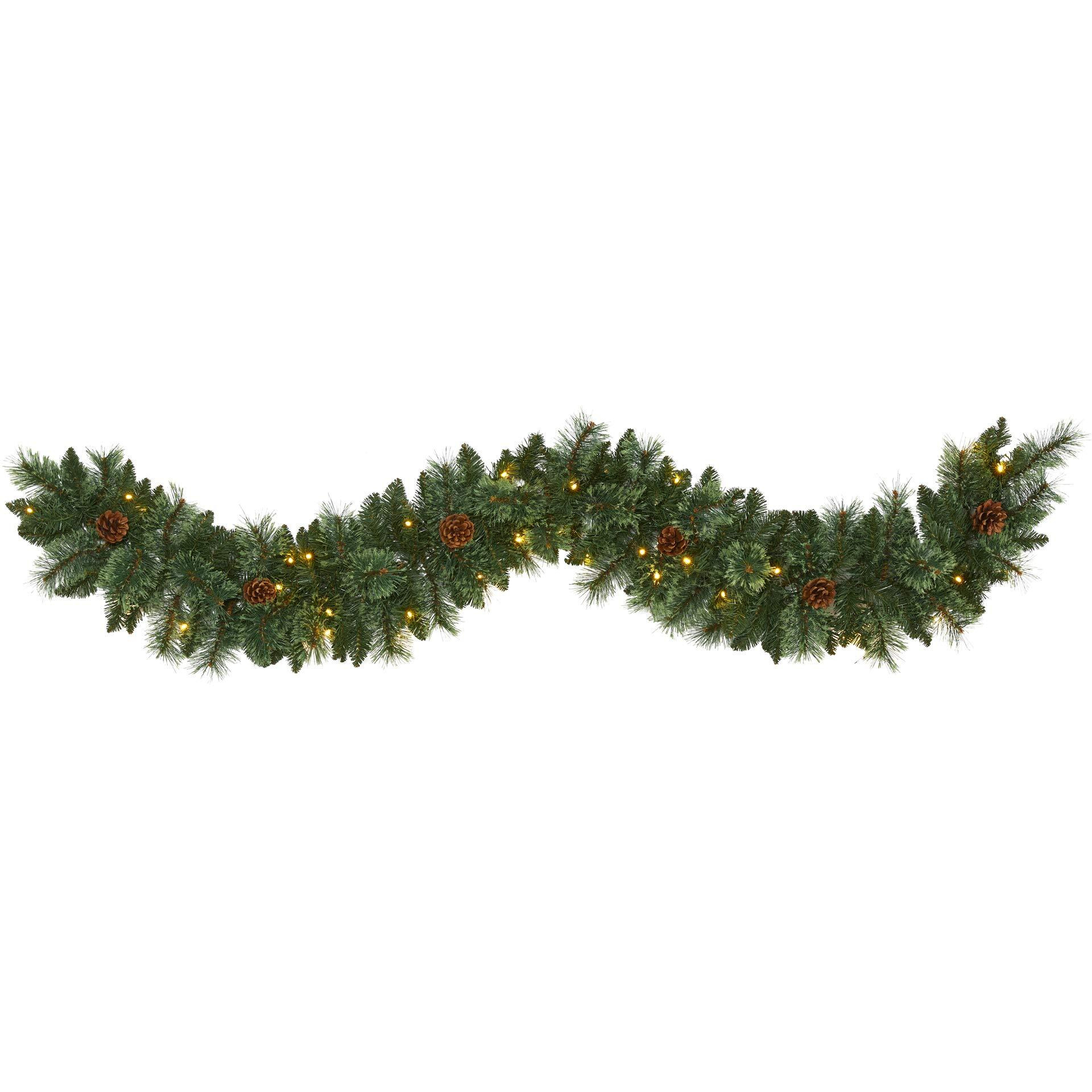 6 White Mountain Pine Artificial Garland With 35 White Warm Led Lights And  Pinecones