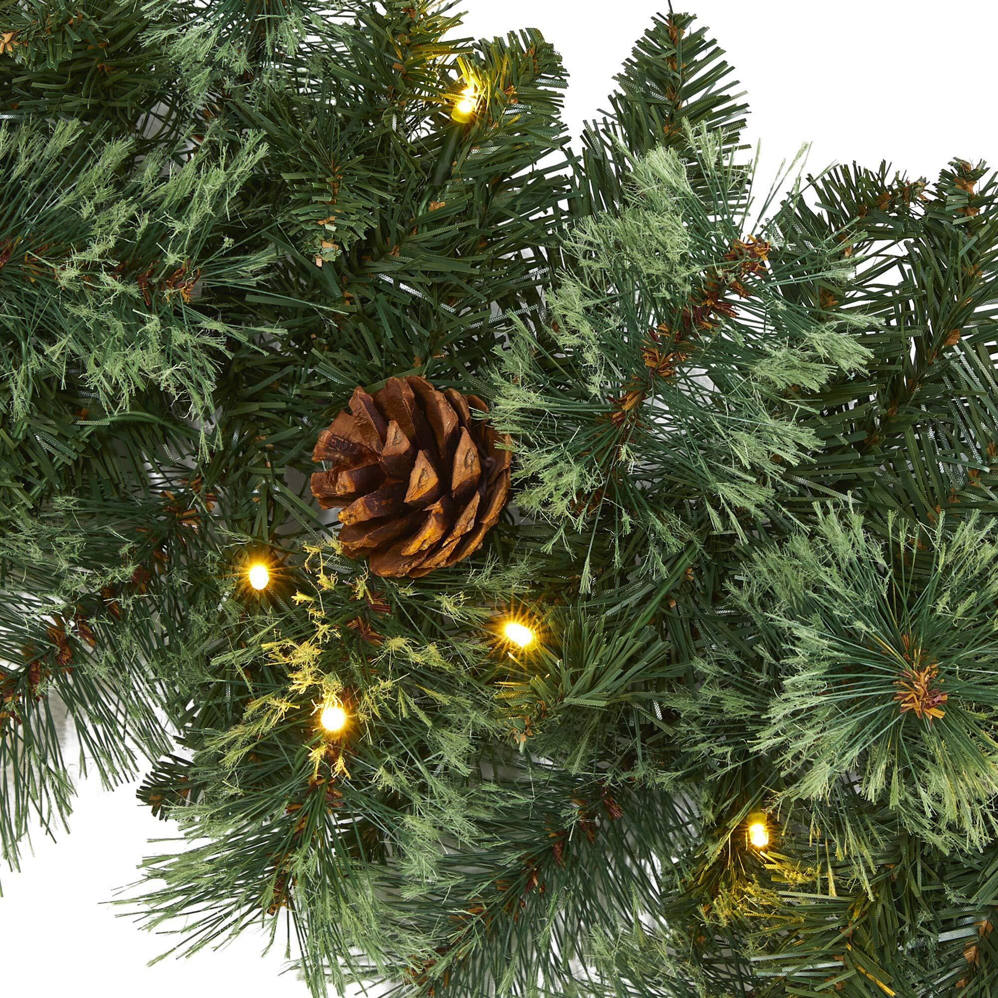 6 White Mountain Pine Artificial Garland With 35 White Warm Led Lights And  Pinecones