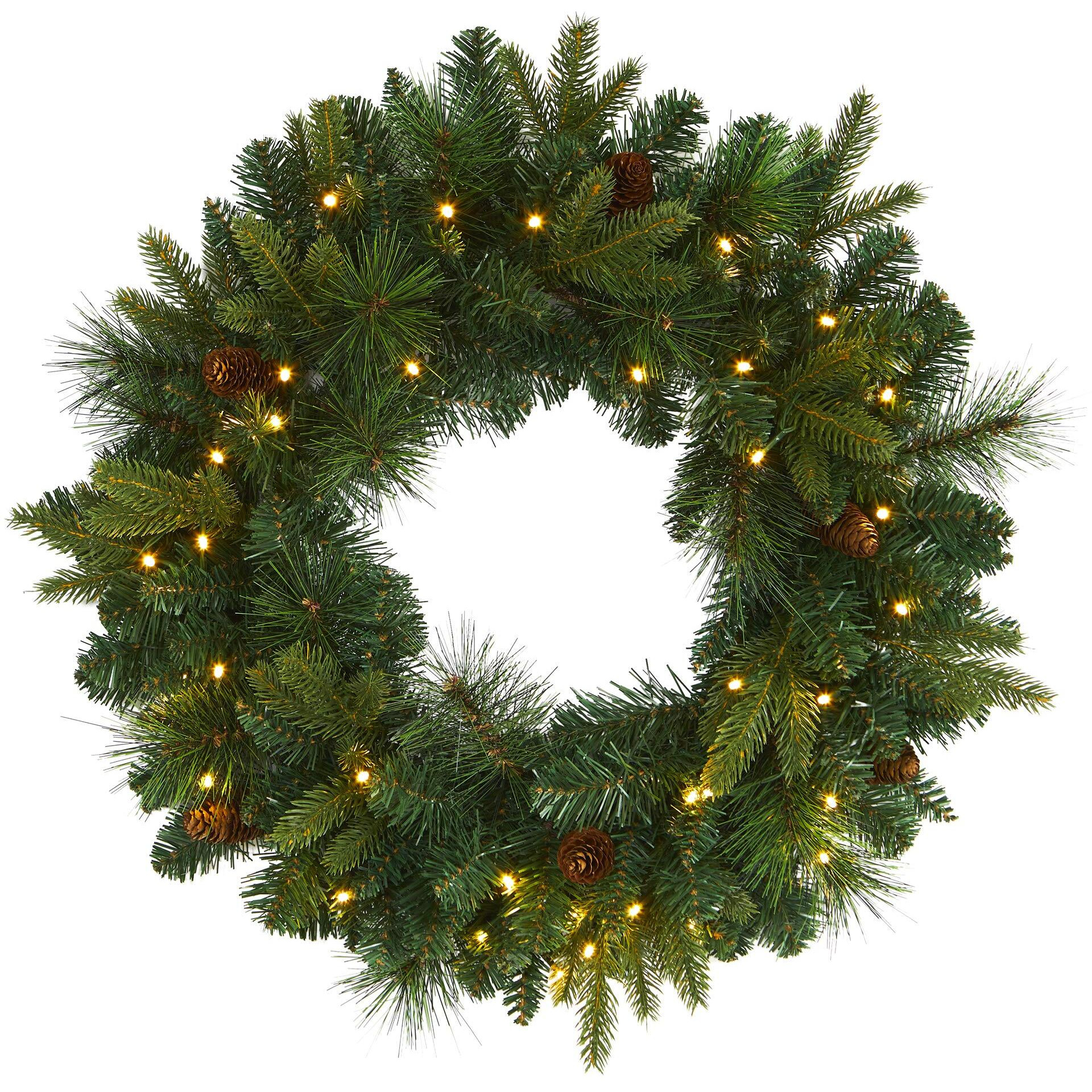24 Mixed Pine Artificial Christmas Wreath With 35 Clear Led Lights And Pinecones