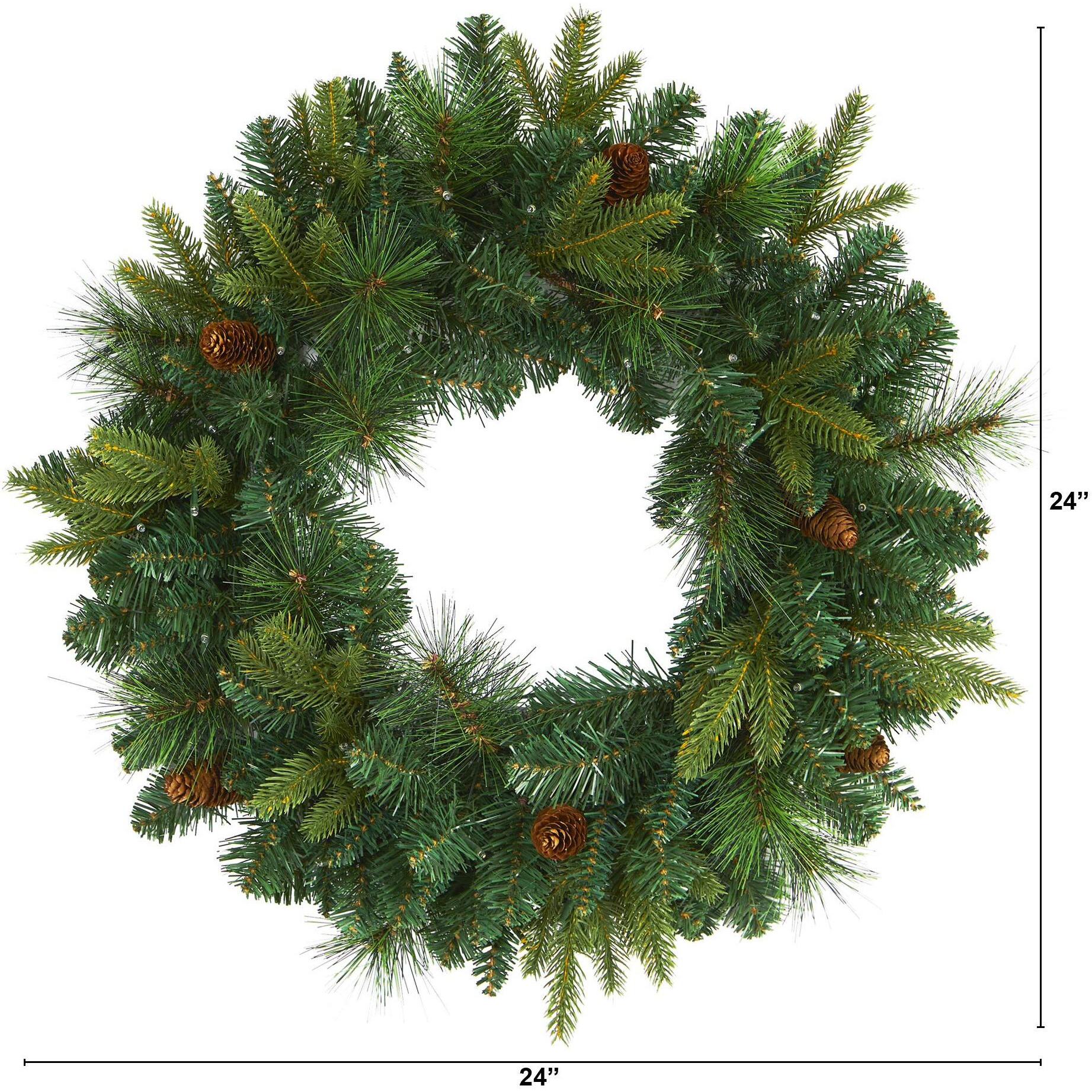 24 Mixed Pine Artificial Christmas Wreath With 35 Clear Led Lights And Pinecones