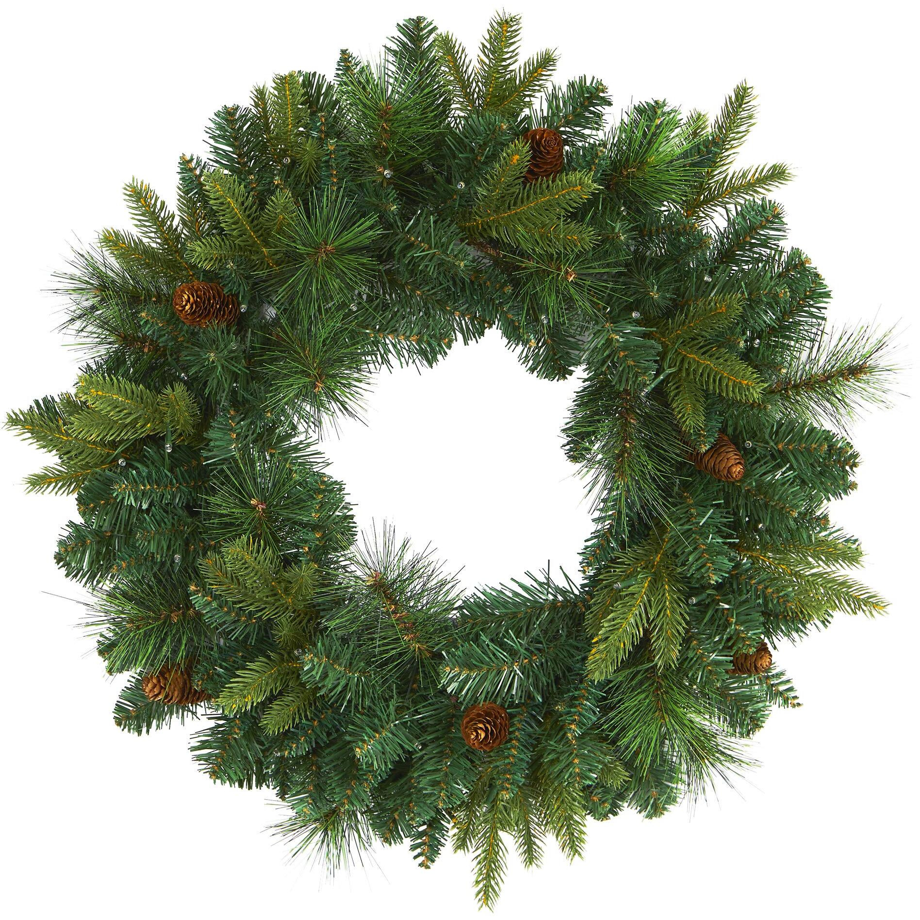 24 Mixed Pine Artificial Christmas Wreath With 35 Clear Led Lights And Pinecones