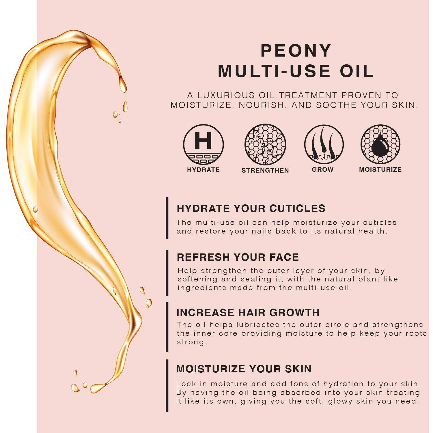 Peony Multi-Use Oil For Face, Body And Hair - Organic Blend Of Apricot, Vitamin E And Sweet Almond Oil Moisturizer For Dry Skin, Scalp & Nails - Rose Petals & Bergamot Essential Oil - 4 Fl Oz