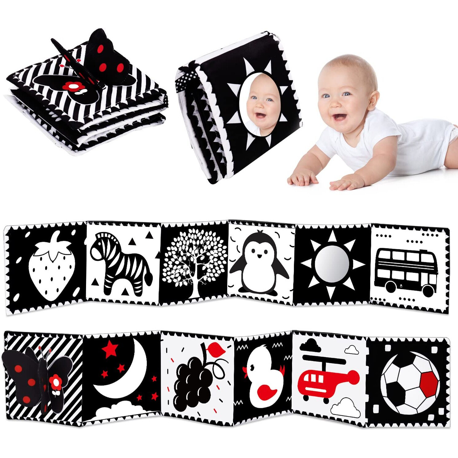 Black And White High Contrast Baby Toys 0-6 6-12 Months Soft Book For Newborn Brain Development Tummy Time Toys Infant Sensory Crinkle Toys 0-3 3-6 Month Montessori Learning Activities For Babies