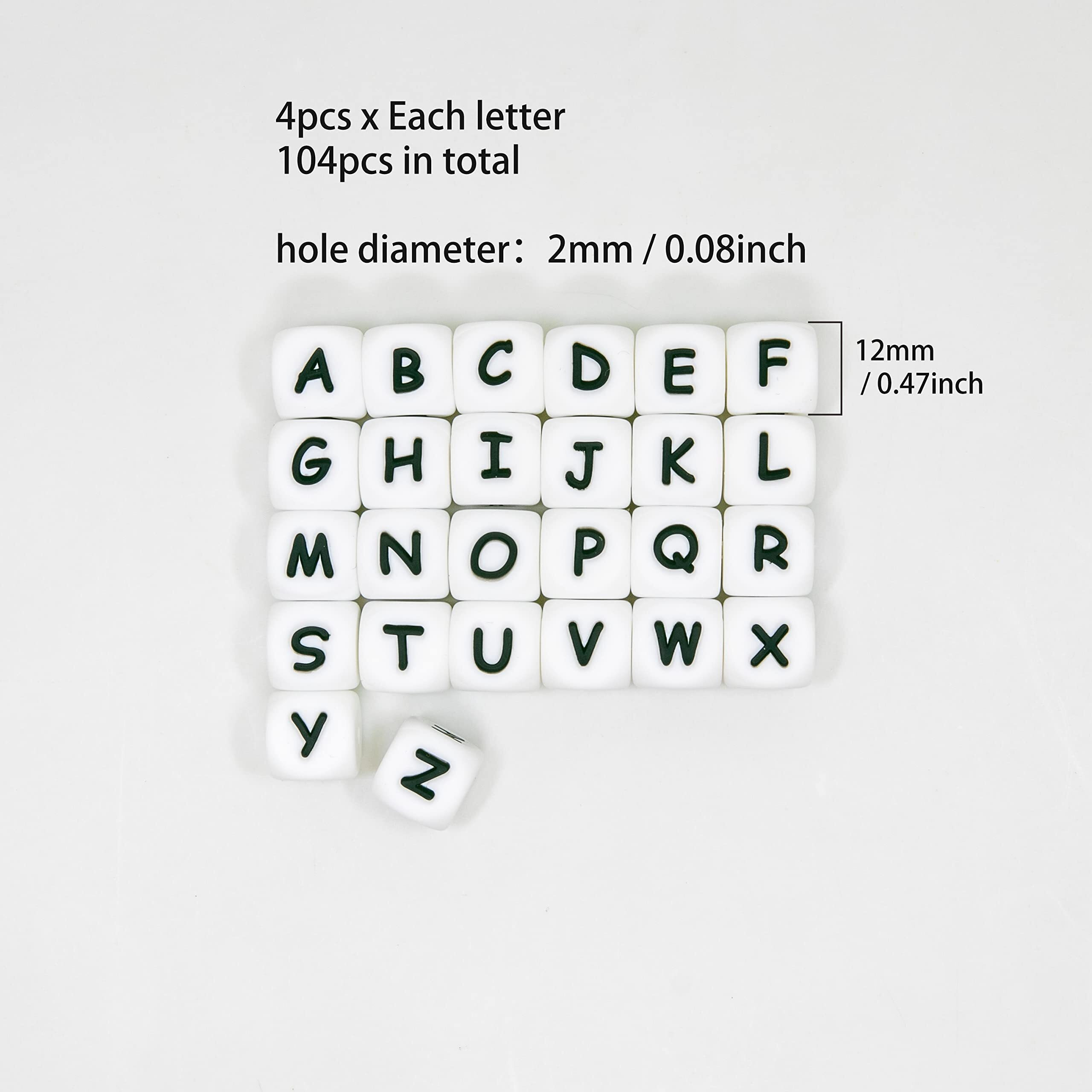 Wanglaap 104 Pcs Silicone Letter Beads, 12Mm Square Letter Beads, Silicone Beads For Keychain Making, Alphabet Silicone Beads For Bracelet Making (104) White