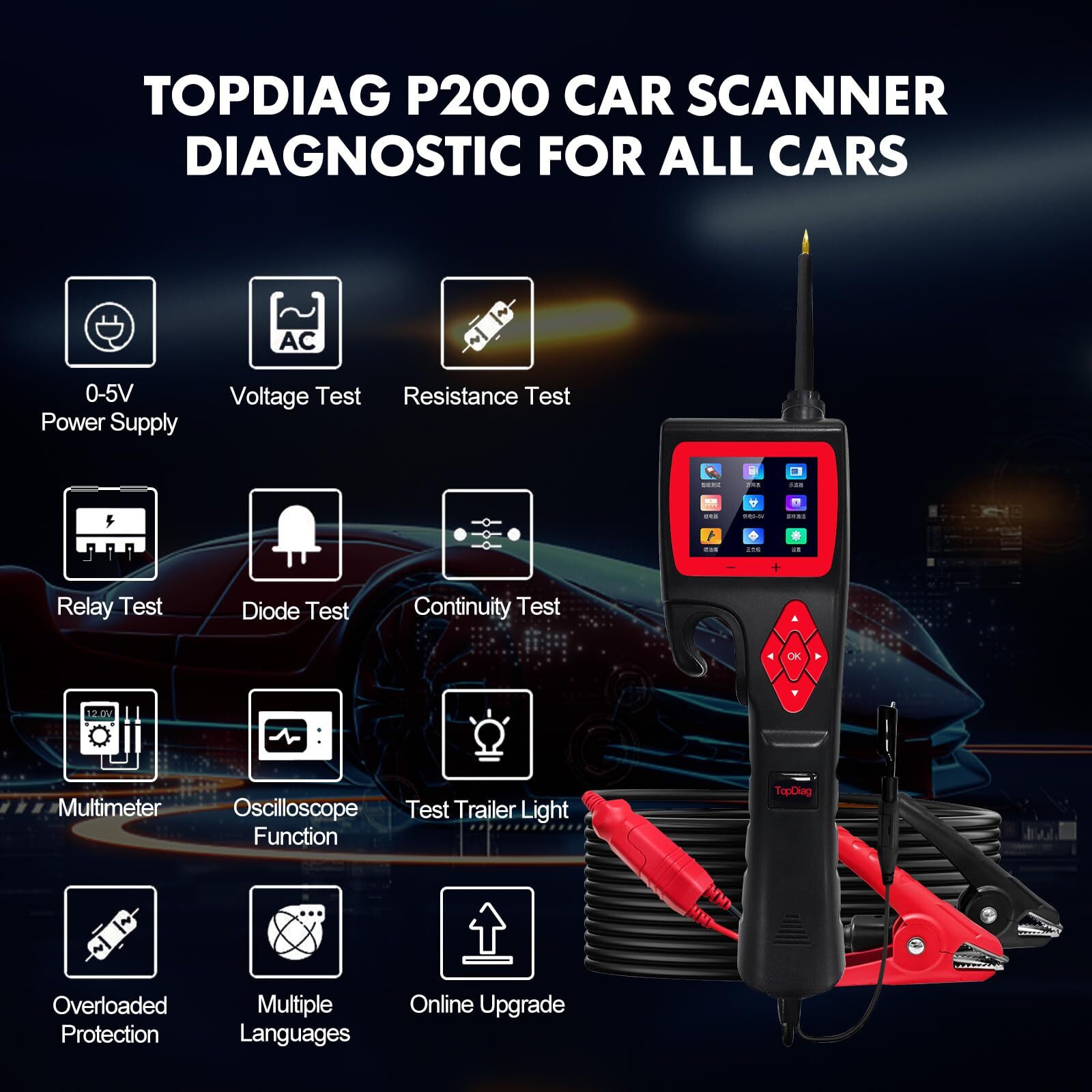 Topdiag P200 Power Circuit Probe Kit - Advanced Automotive Electrical System Multimeter, Oscilloscope, Automotive Circuit Tester, Fuel Injector Activator, Short Circuit Finder - 9~30V